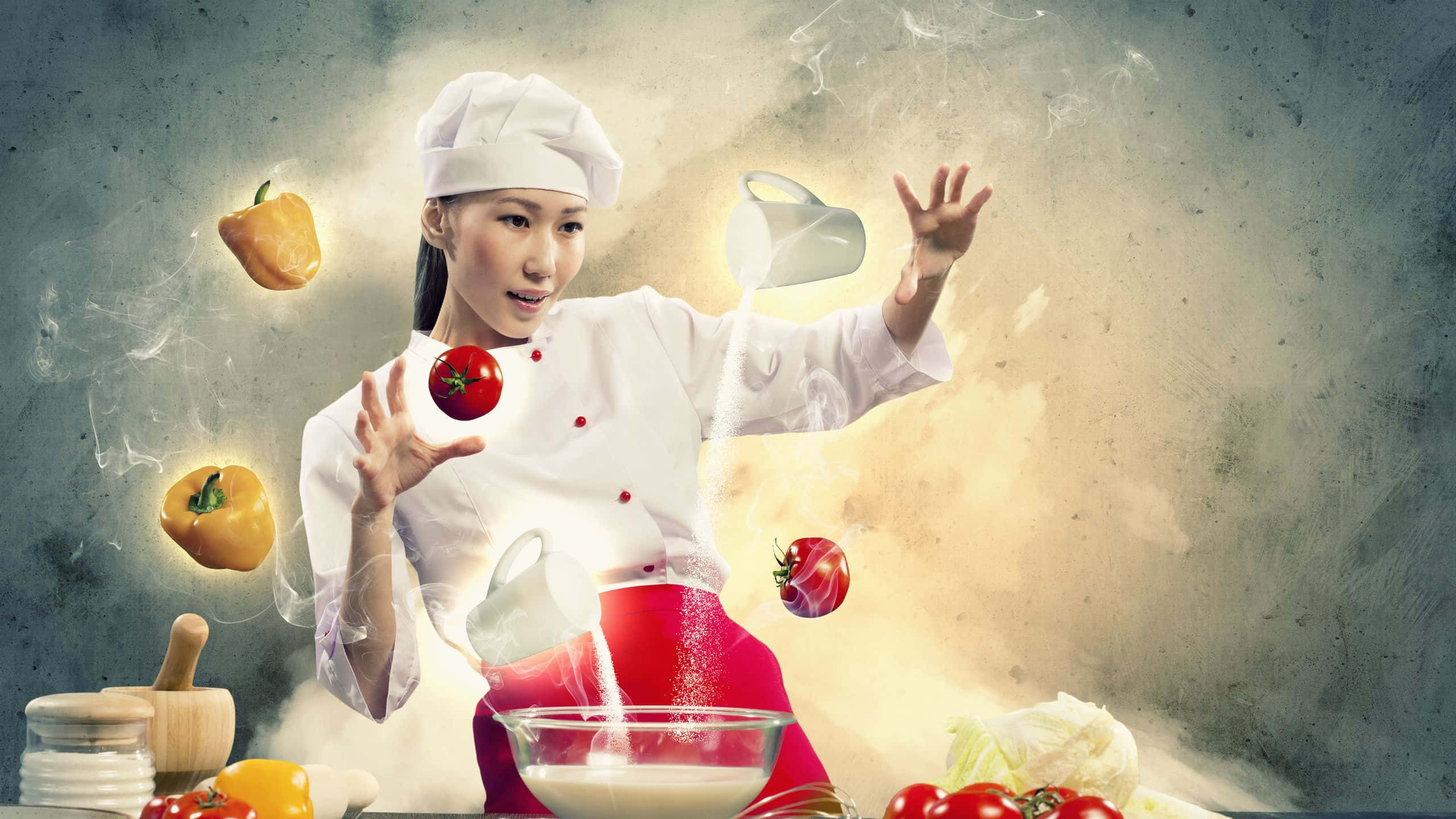 Cooking 桌布 壁紙 — 一位身穿白色廚師服的廚師在超現實的廚房場景中神奇地操控漂浮的蔬菜和麵粉。
