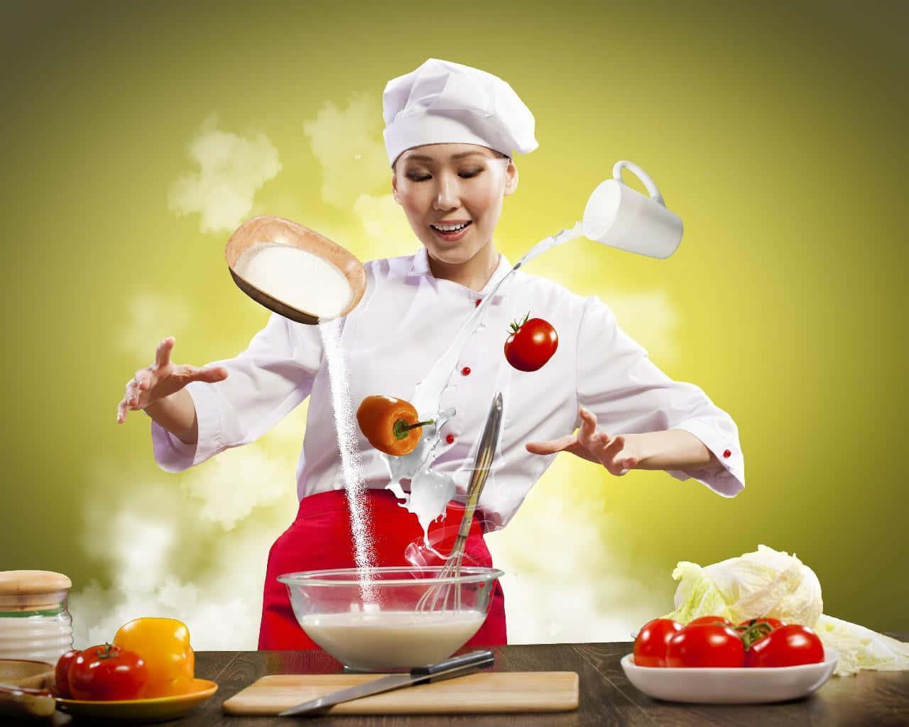 Cooking 桌布 壁紙 — 一位身穿白色廚師服的快樂廚師，在木製枱面上準備新鮮蔬菜菜餚時，將麵粉和番茄拋向空中。