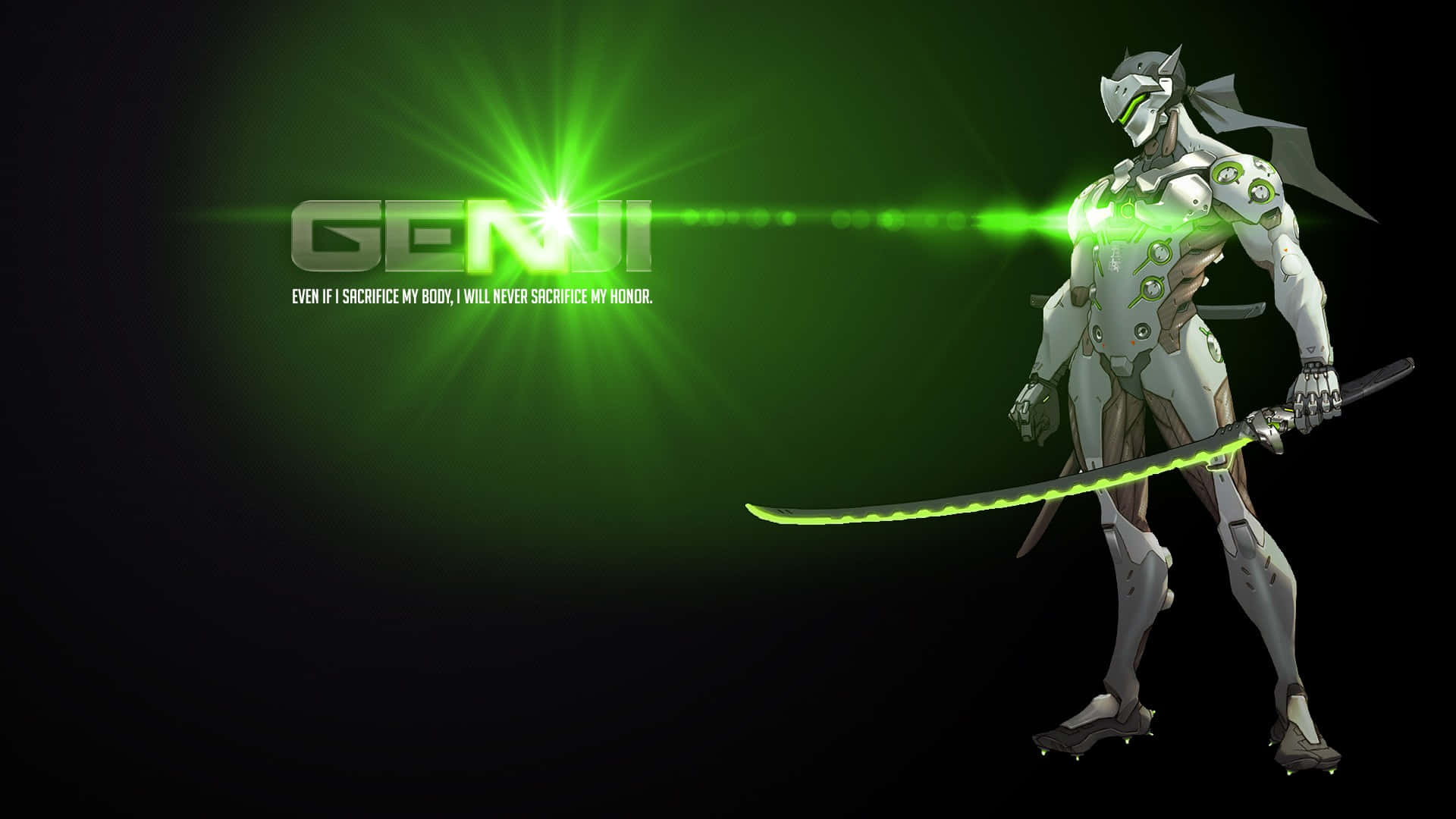 Overwatch Genji 桌布 壁紙 — 一位身穿白色盔甲的未来忍者戰士，在黑暗背景下揮舞著發光的綠色武士刀，背景有耀眼的綠光和名字 Genji。