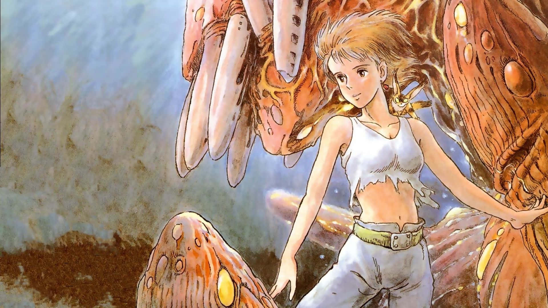 nausicaä of the valley of the wind 桌布 壁紙 — 一位身穿白色背心和褲子的年輕女子，平靜地站在一個水環境中，旁邊是一隻巨大的橙色蟹狀生物。
