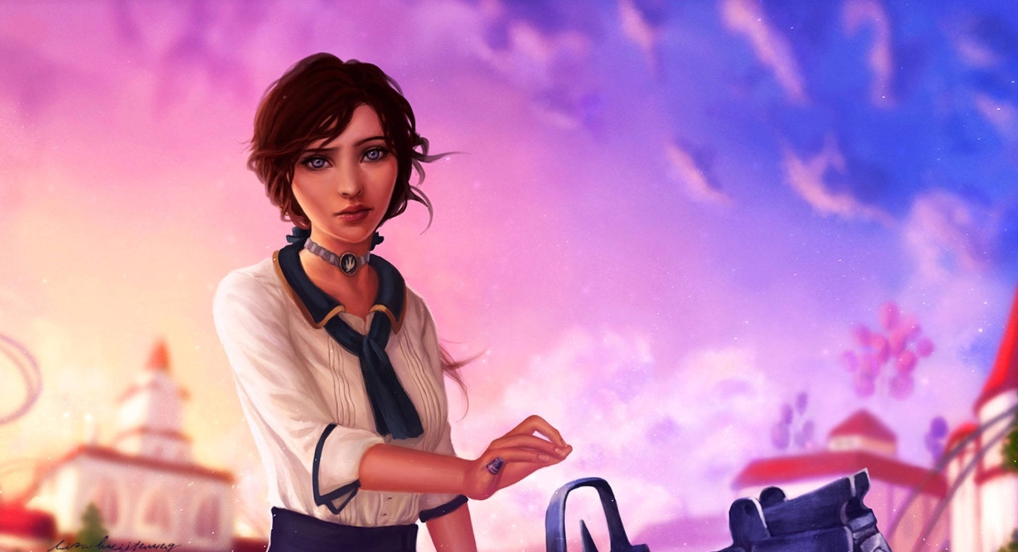 Bioshock Infinite Anna DeWitt 壁紙 — 一位身穿白色襯衫和深藍色圍巾的年輕女子站在夢幻的紫色和粉紅色日落天空前，遠處有建築物。