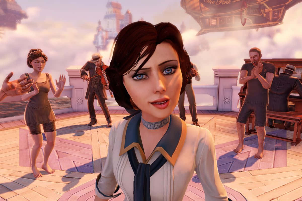 Bioshock Characters 桌布 壁紙 — 一位身穿白色襯衫帶有藍色點綴的女性站在木質甲板上，人們在天空中有飛船漂浮的情況下跳舞和演奏音樂。