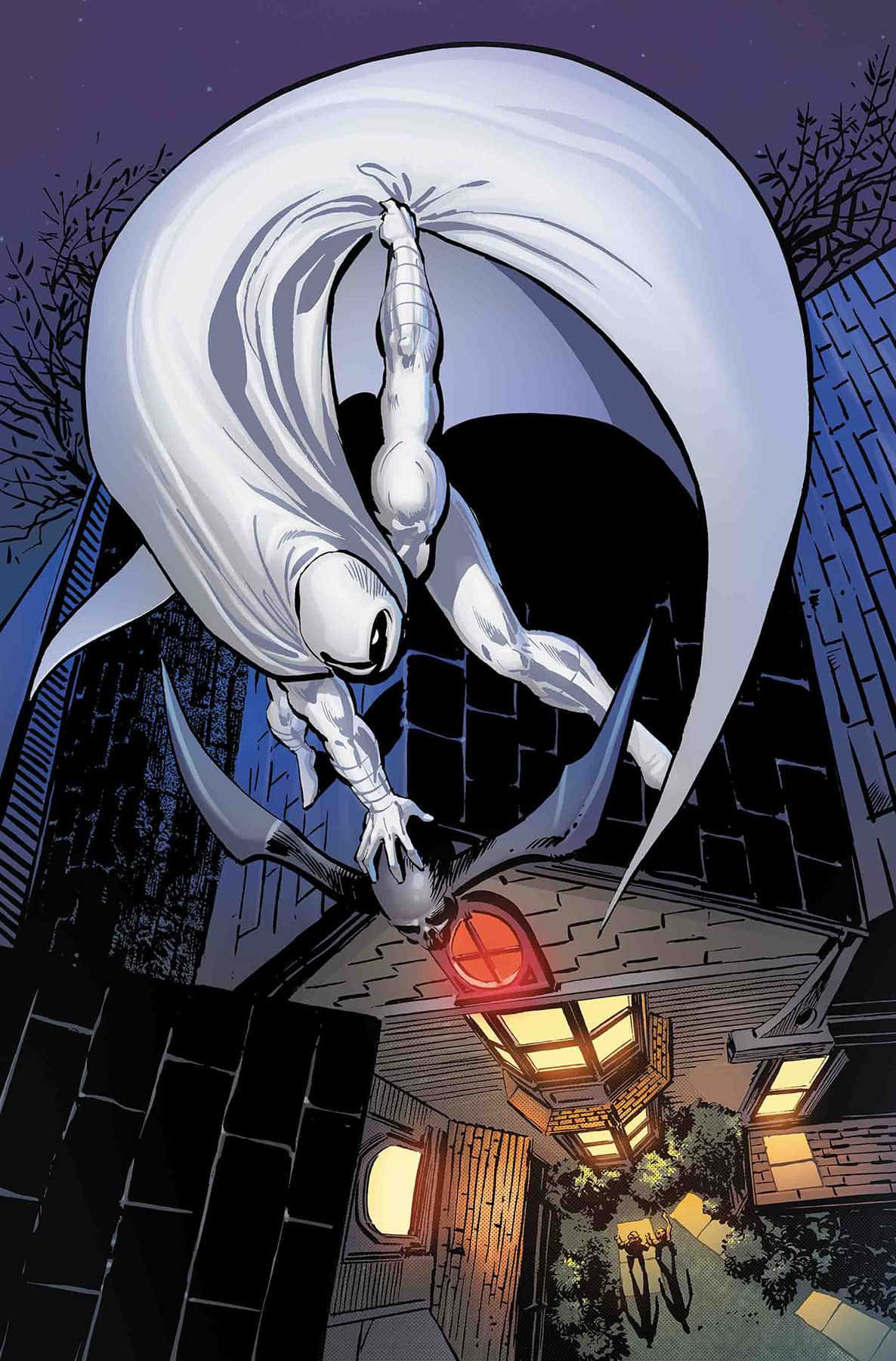 Moon Knight 桌布 壁紙 — 一位身穿白色西裝、披著飄逸斗篷的超級英雄，在夜間動態地躍過一間有發光窗戶的黑暗房屋。