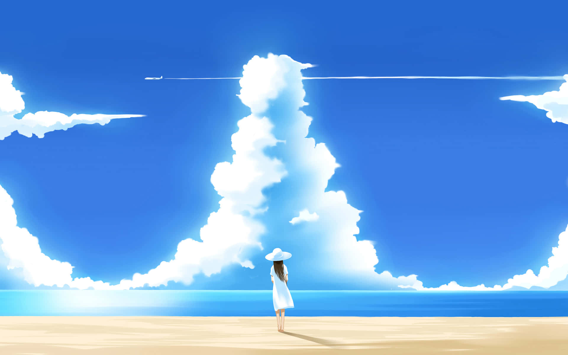 Anime Sky 桌布 壁紙 — 一位身穿白色連衣裙和帽子的孤獨女子站在沙灘上，凝視著廣闊的藍天，天空中有戲劇性的雲彩和遠處的飛機尾跡。