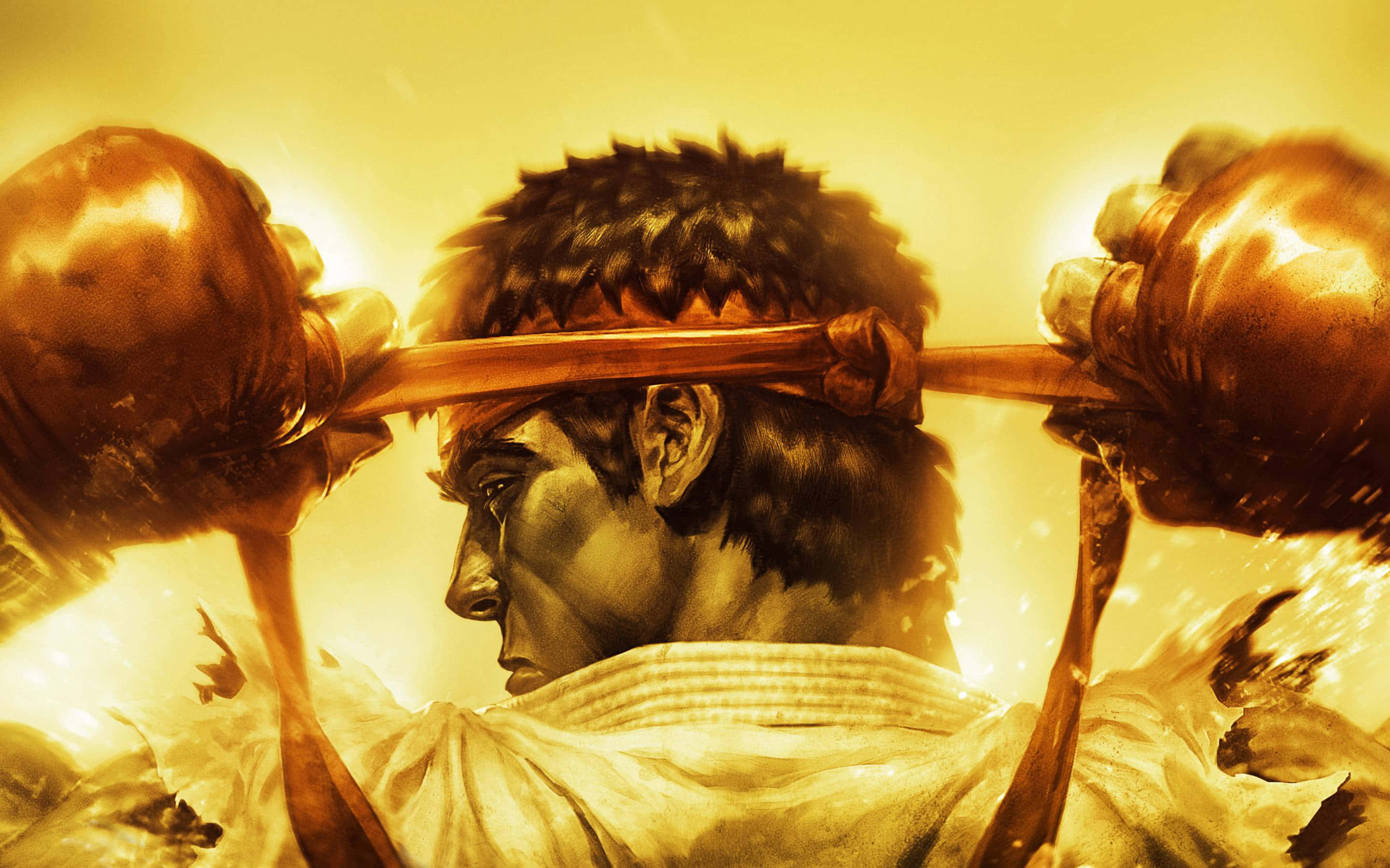 Street Fighter Characters 桌布 壁紙 — 一位身穿白色道服的堅定戰士，在閃耀的金色背景前將沉重的槓鈴舉過頭頂。