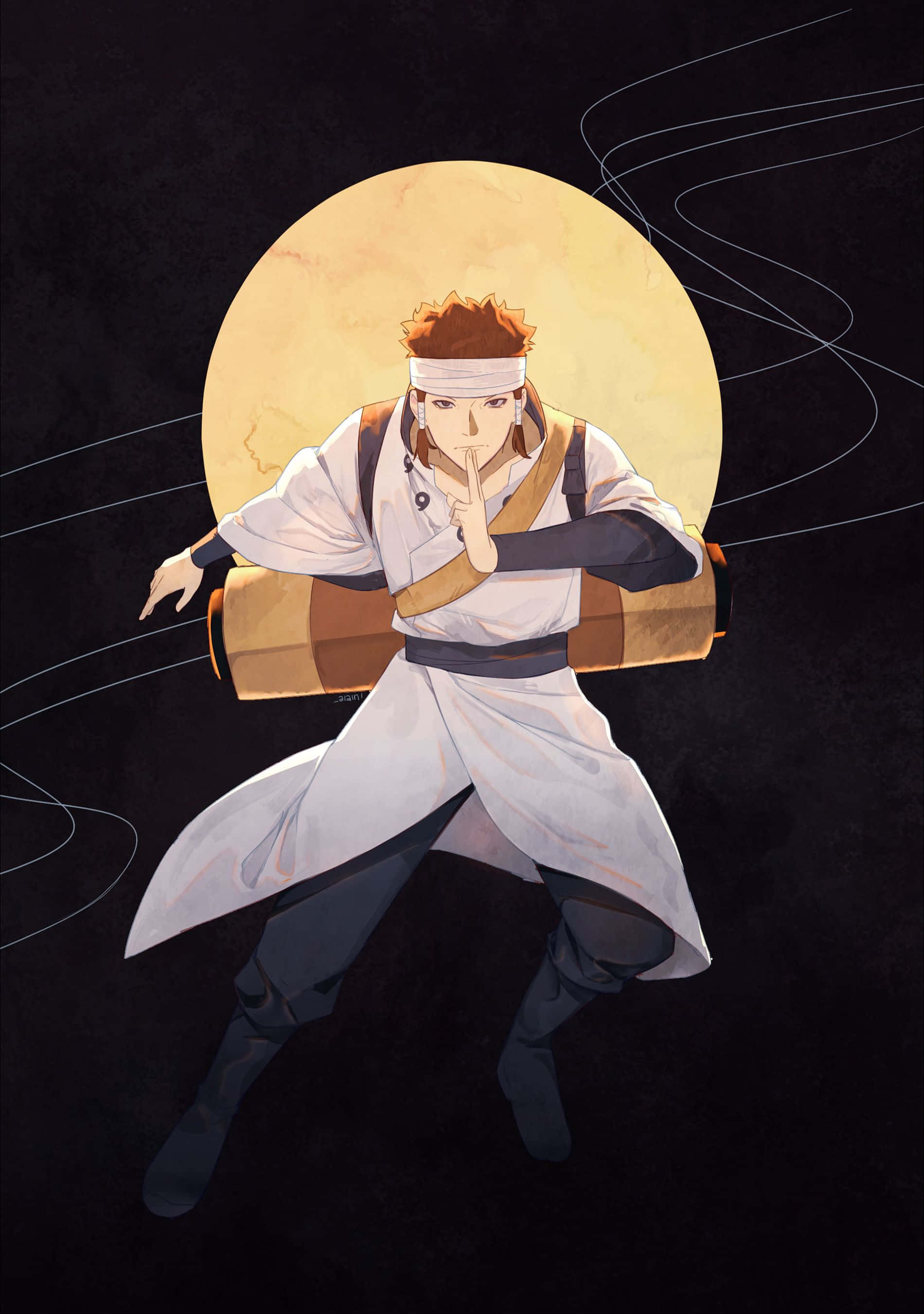 Asura ōtsutsuki 桌布 壁紙 — 一位身穿白色長袍和頭帶的動漫忍者，在黑暗背景前，一輪發光的黃色月亮前擺出潛行姿勢。