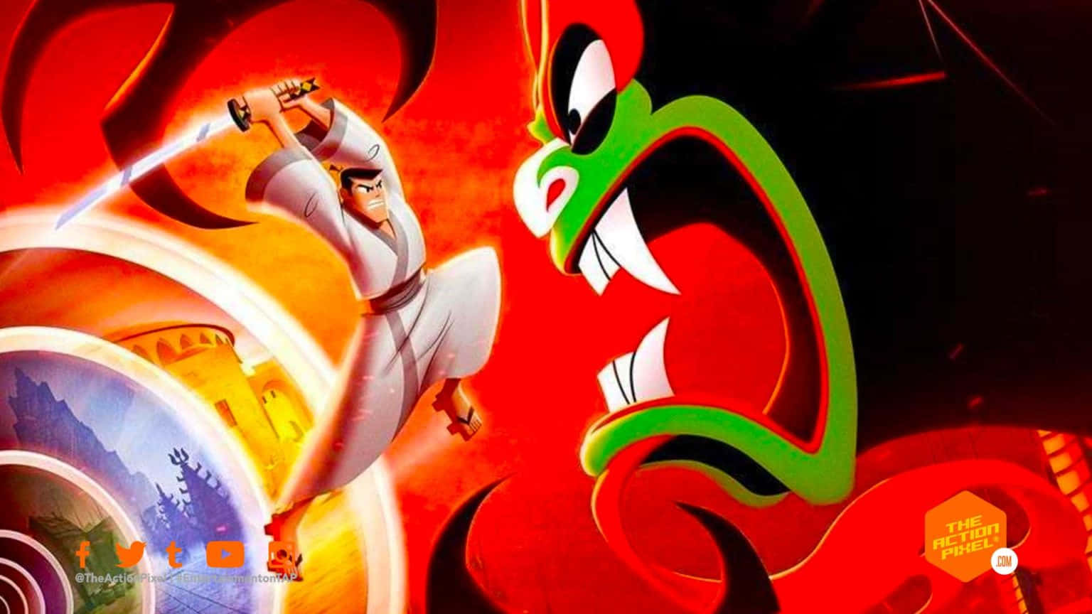 samurai jack 桌布 壁紙 — 一位身穿白色長袍的武士戰士，用發光的劍砍向一隻擁有尖銳牙齒的巨型紅綠龍。