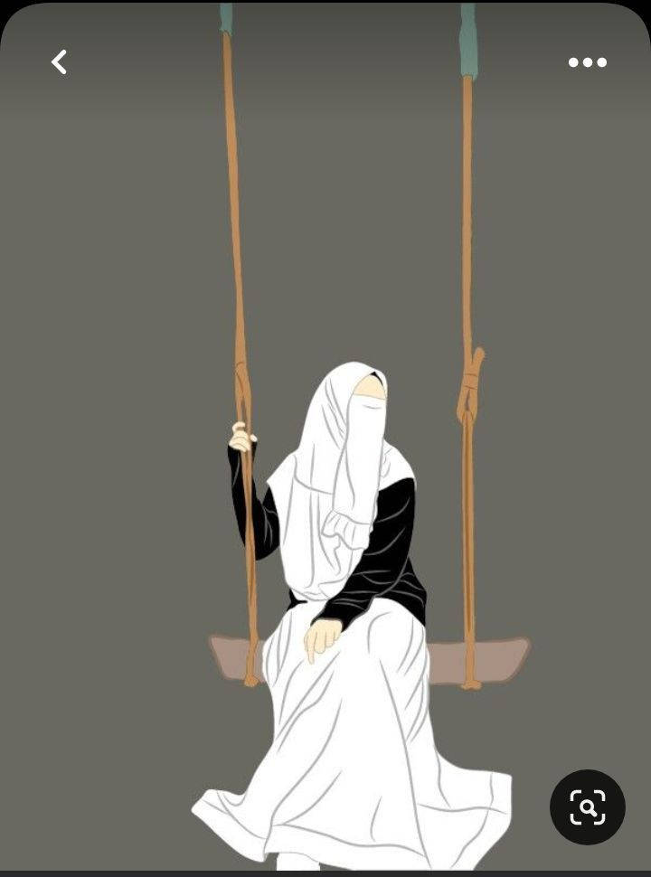 hijab cartoon 桌布 壁紙 — 一位身穿白色頭巾和黑色上衣的女性獨自坐在木鞦韆上，背景為柔和的灰色。