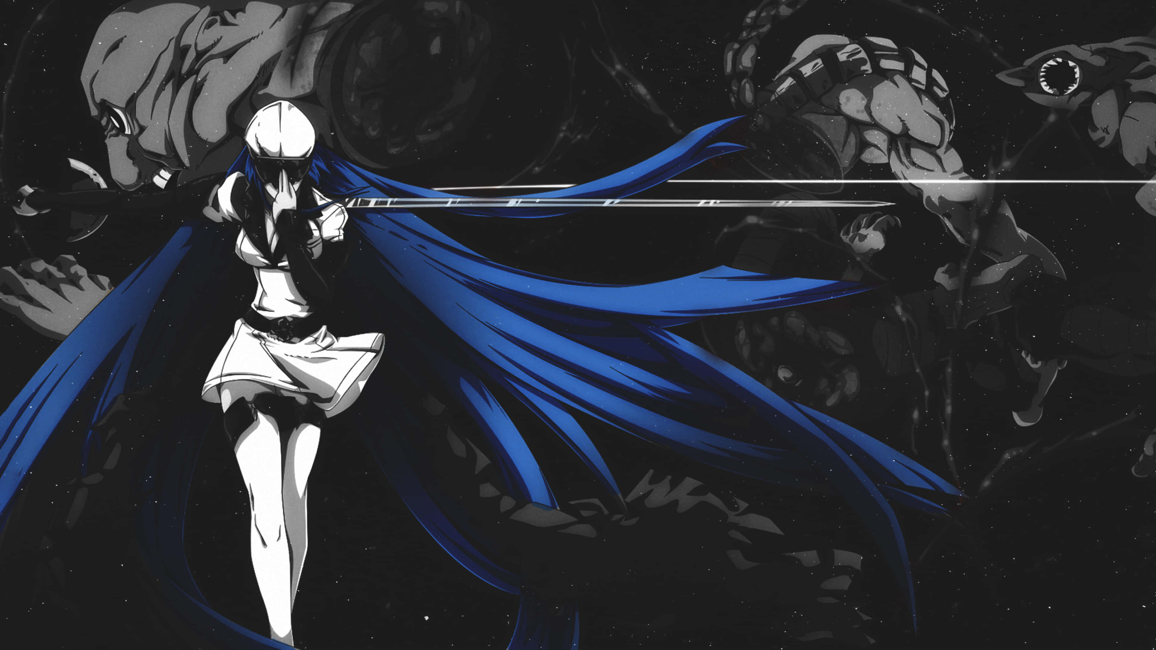 Akame Ga Kill 4K 桌布 壁紙 — 一位身穿白衣的動漫戰士，披著飄逸的藍色斗篷，在星空中揮劍斬殺黑暗的宇宙怪物。