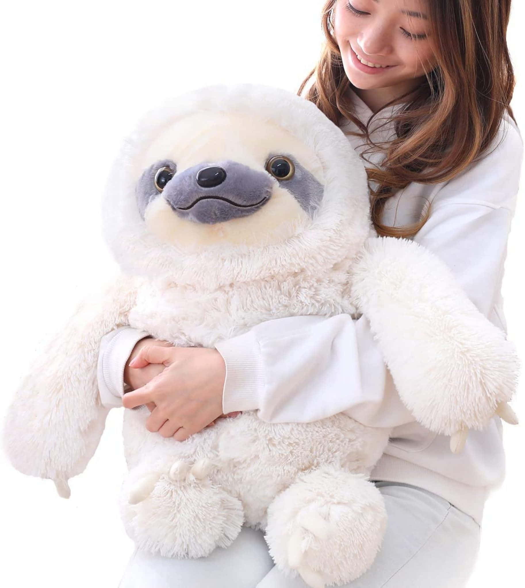 Cuddly 桌布 壁紙 — 一位身穿白衣的微笑女士在明亮的白色背景前抱著一個大型毛絨白色樹懶毛公仔。