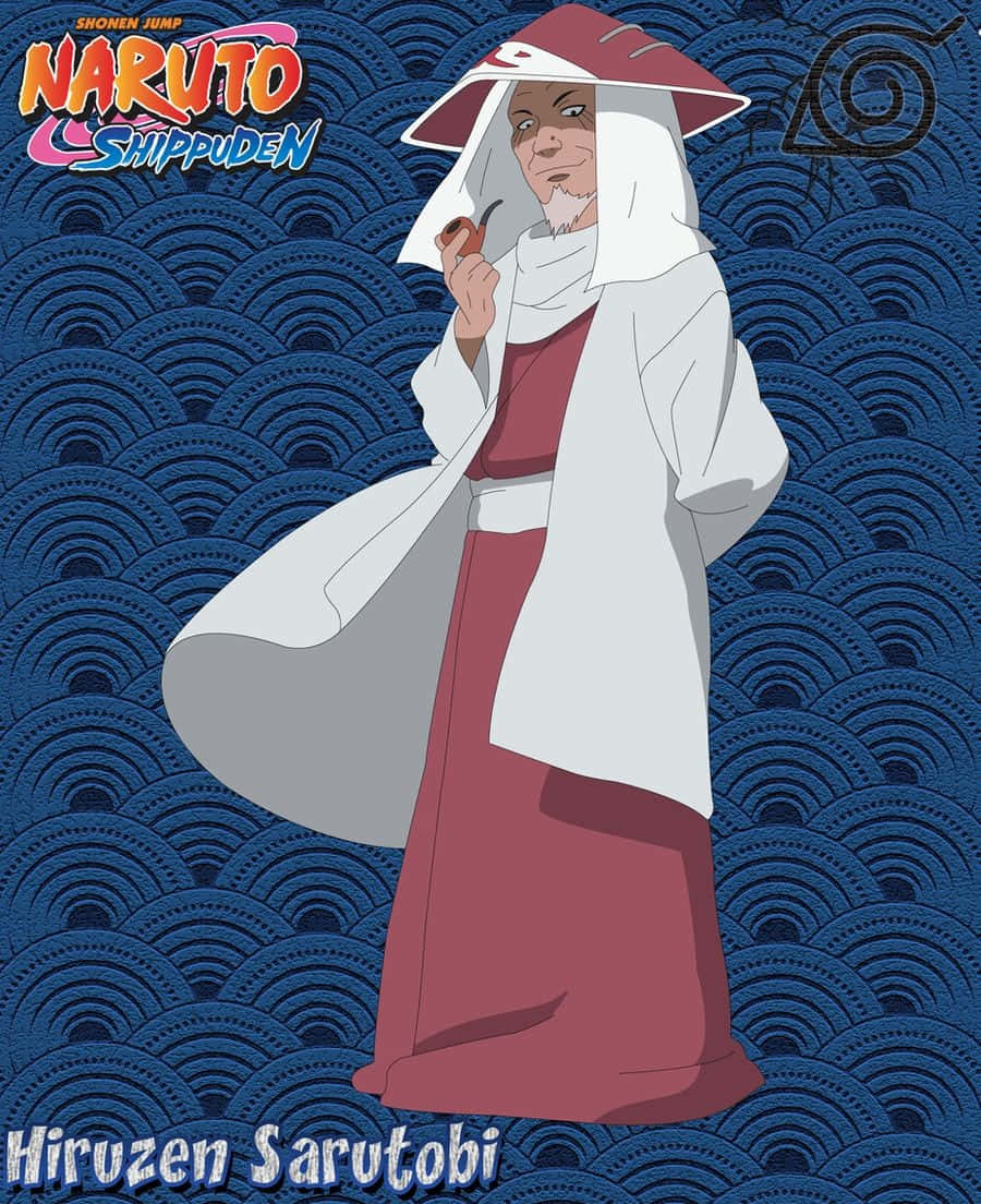 Third Hokage 桌布 壁紙 — 一位身穿白袍、頭戴紅帽的年長動畫賢者，在藍色波浪圖案背景前抽著煙斗。