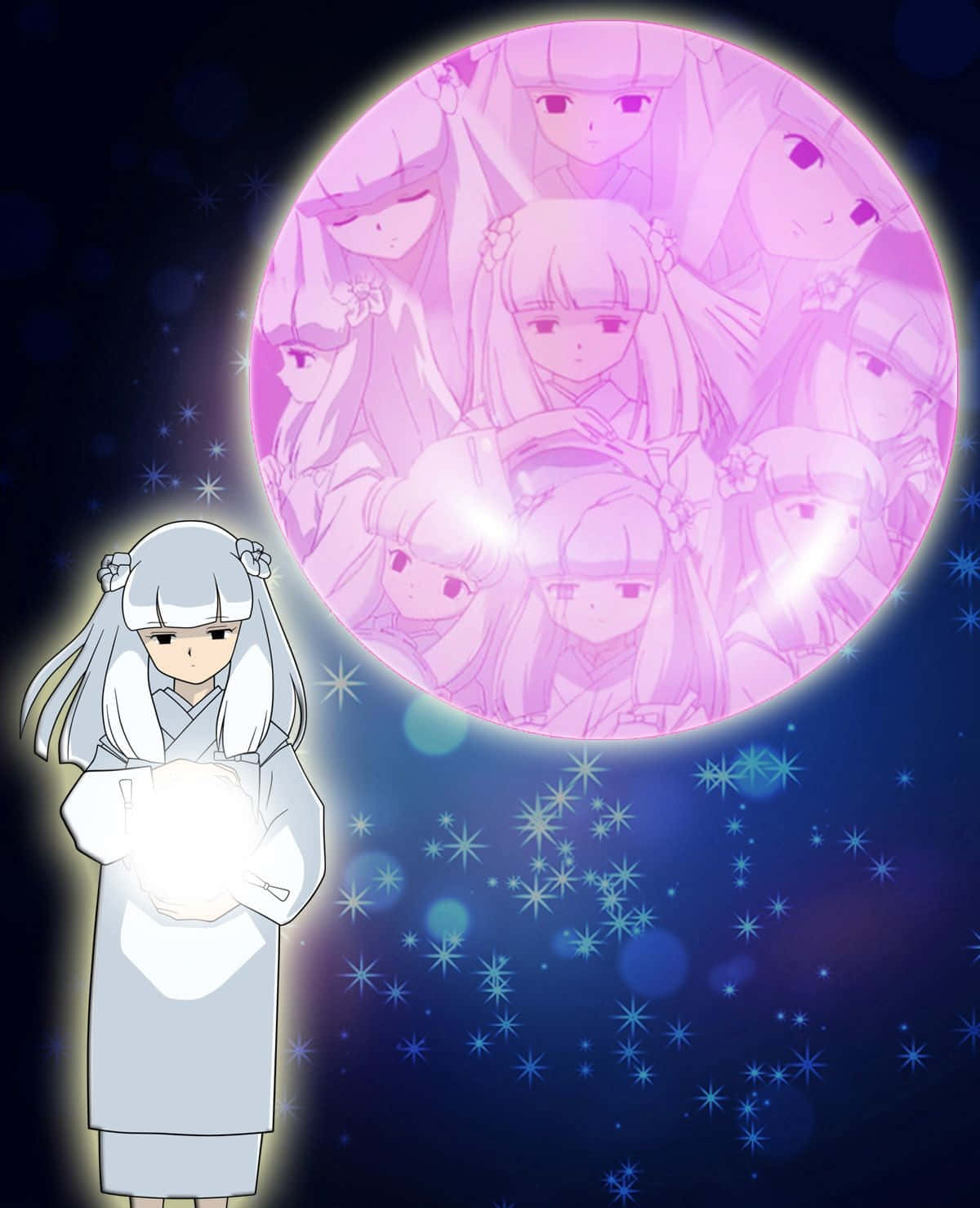 Inuyasha Kanna 桌布 壁紙 — 一位身穿白袍的動漫女孩，在佈滿自己面孔的粉紅月亮下，手持發光球體，背景是繁星點點的夜空。