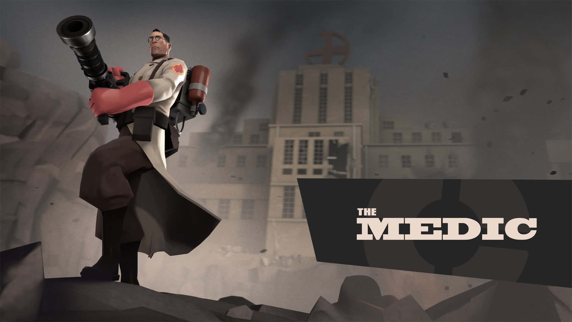 Team Fortress 2 Characters 桌布 壁紙 — 一位身穿白袍的卡通醫生站在瓦礫中，手持大型武器，背景是煙霧瀰漫的城市建築。