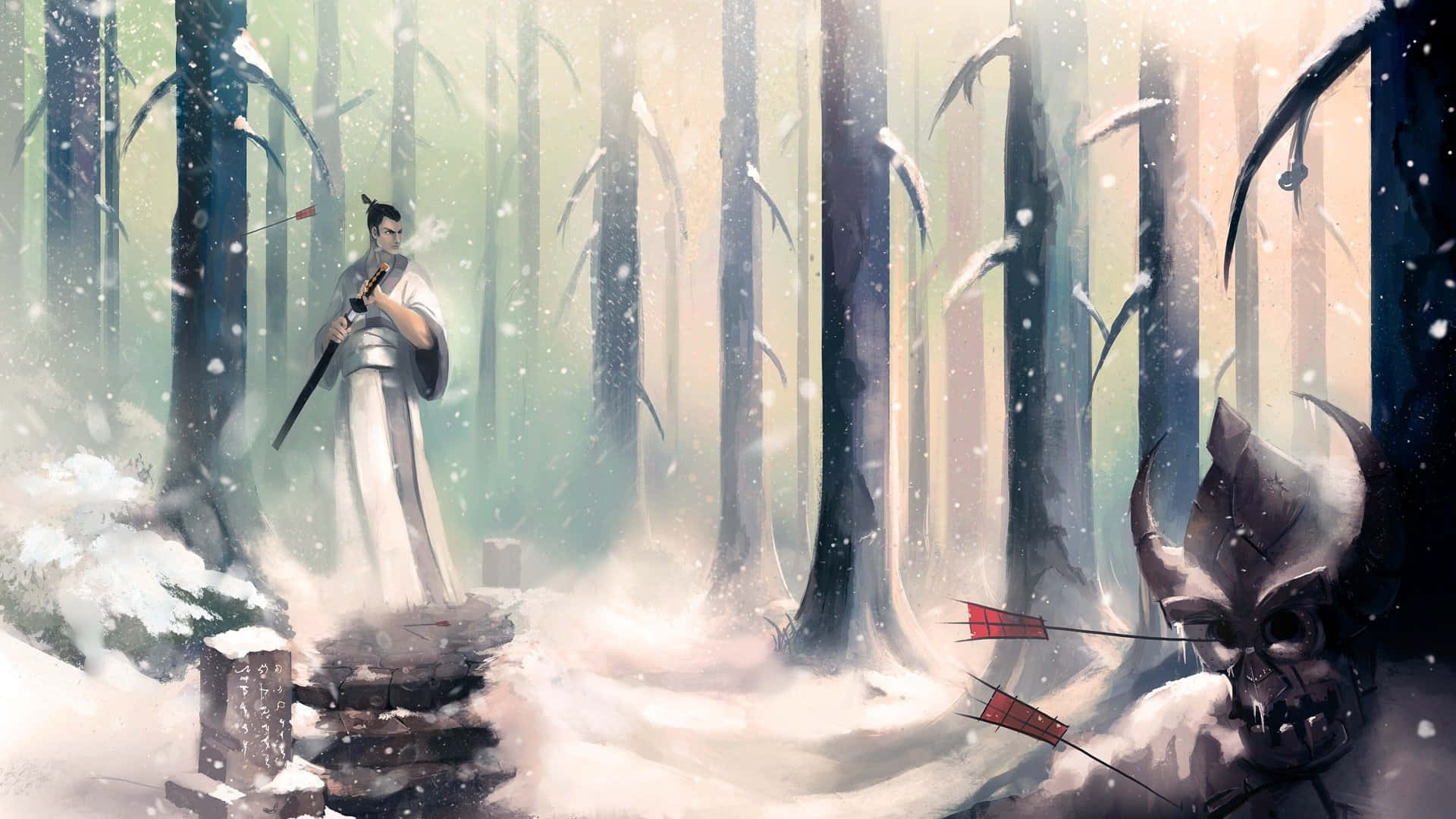 samurai jack 桌布 壁紙 — 一位身穿白袍的孤獨武士站在雪地森林中，手持劍，雪花在他周圍飄落。