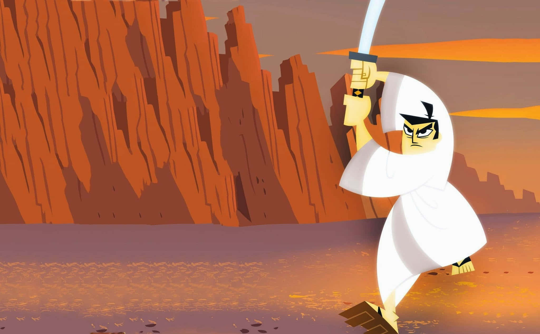 samurai jack 桌布 壁紙 — 一位身穿白袍的忍者，在日落時分的沙漠峽谷中手持發光劍，蓄勢待發。