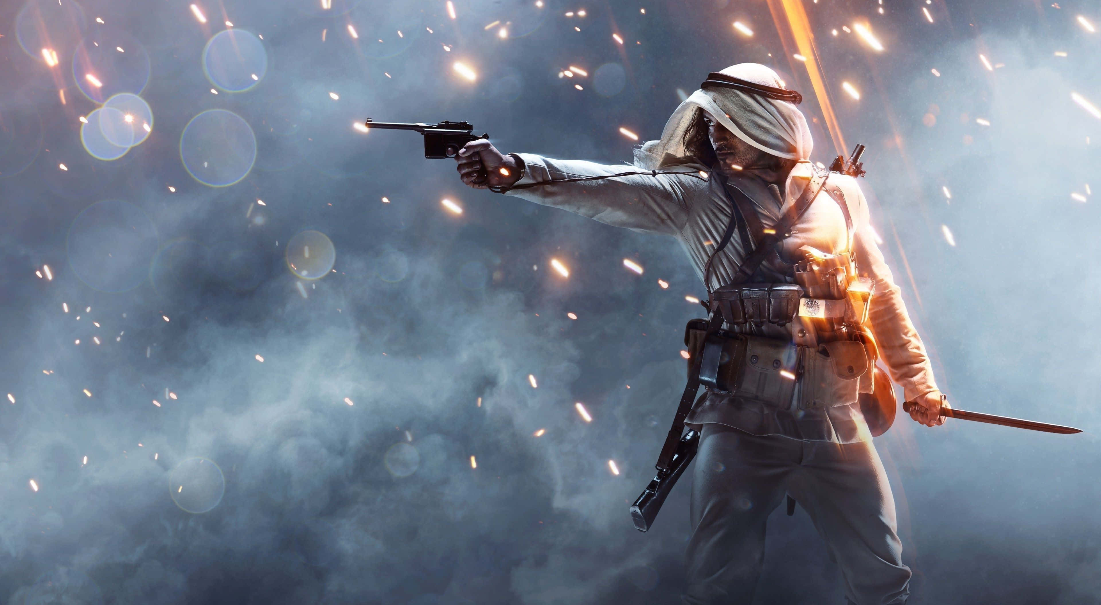 Online Games 桌布 壁紙 — 一位身穿白袍的戰士在煙霧彌漫的戰場上，於熾熱的火花和發光散景燈光中瞄準手槍。