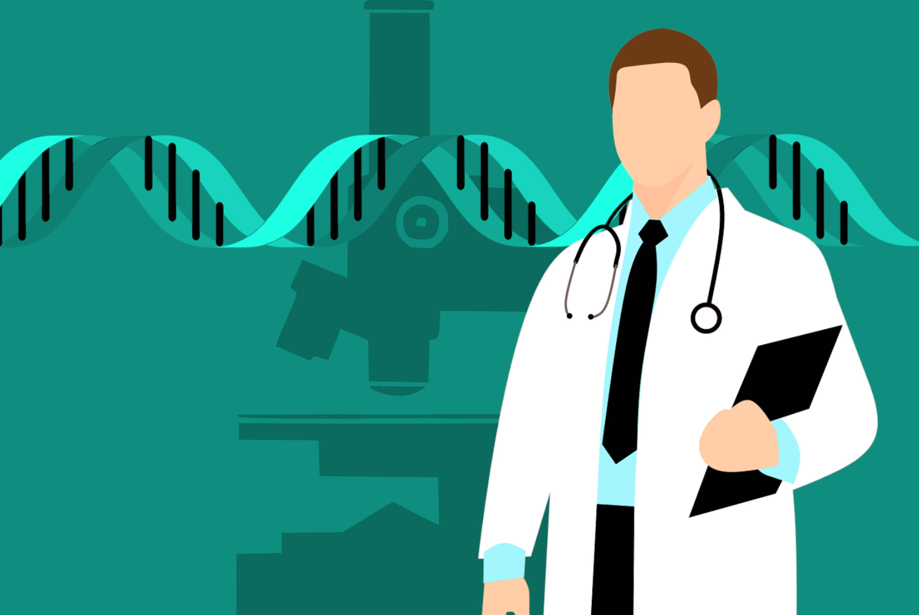 Stethoscope 桌布 壁紙 — 一位身穿白袍的風格化醫生站在青綠色背景前，背景中有DNA鏈和顯微鏡。