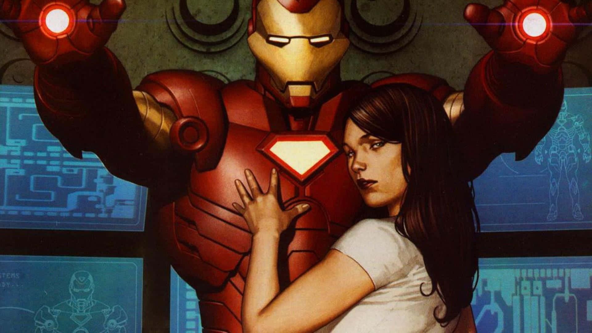 Pepper Potts 桌布 壁紙 — 一位身穿白襯衫的女性，輕輕觸碰一位身穿紅金盔甲、雙手發光的超級英雄的胸膛。