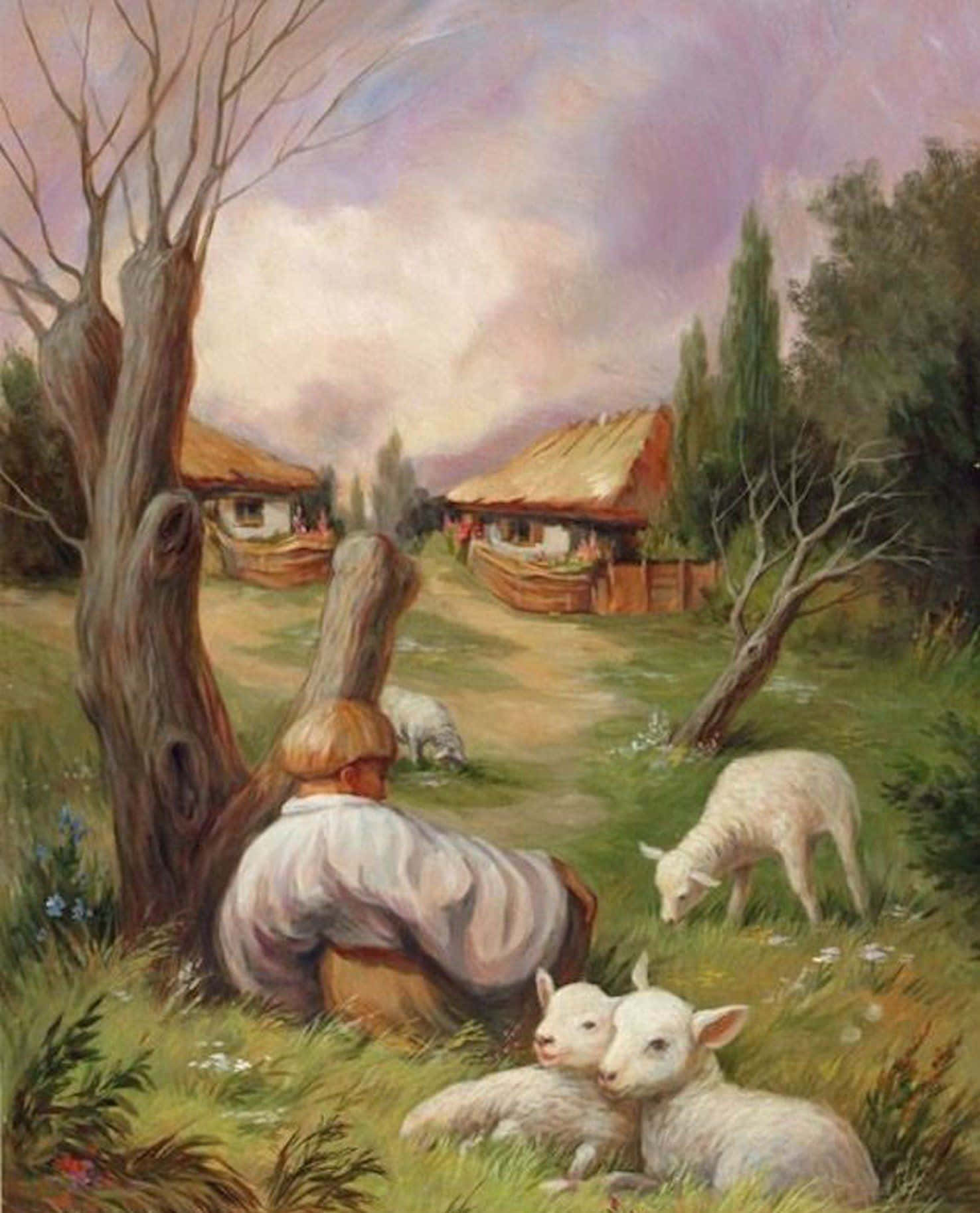 Mind-blowing 桌布 壁紙 — 一位身穿白襯衫的牧羊人跪在兩隻休息的羊羔旁邊，草地上有質樸的小屋和光禿禿的樹木，天空是柔和的紫色。