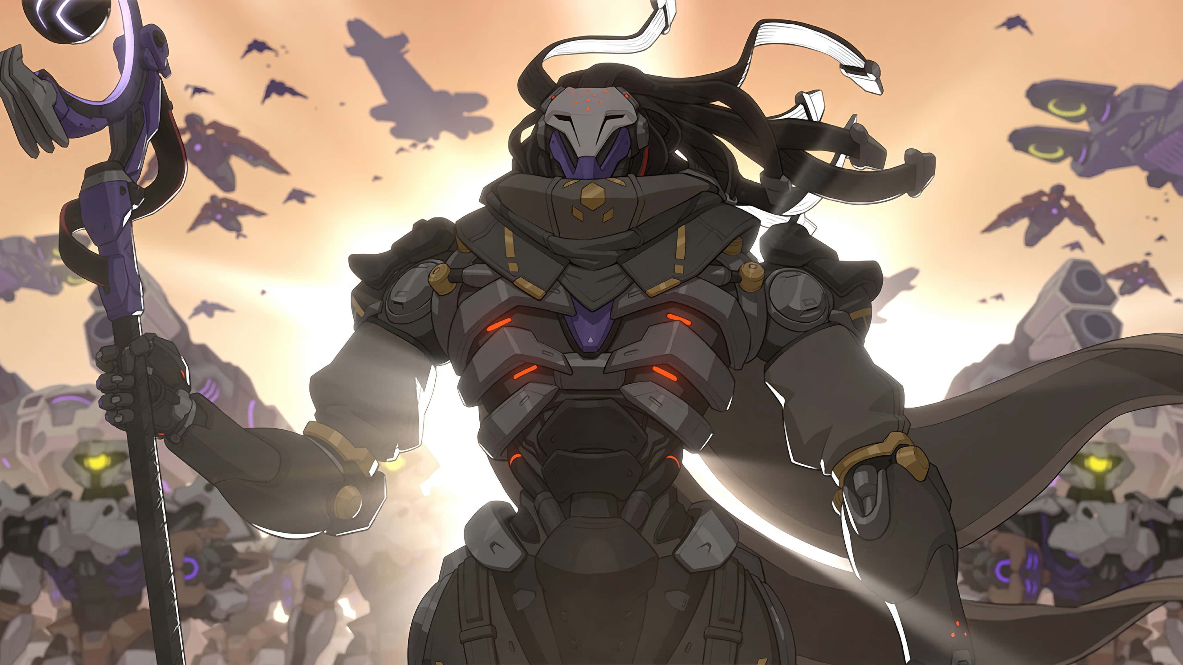 Overwatch Heroes 桌布 壁紙 — 一位身穿盔甲、帶有紅色發光點綴和飄逸黑髮的高大戰士，在飛翔的機械生物和溫暖發光的天空背景下，挑釁地站立著。