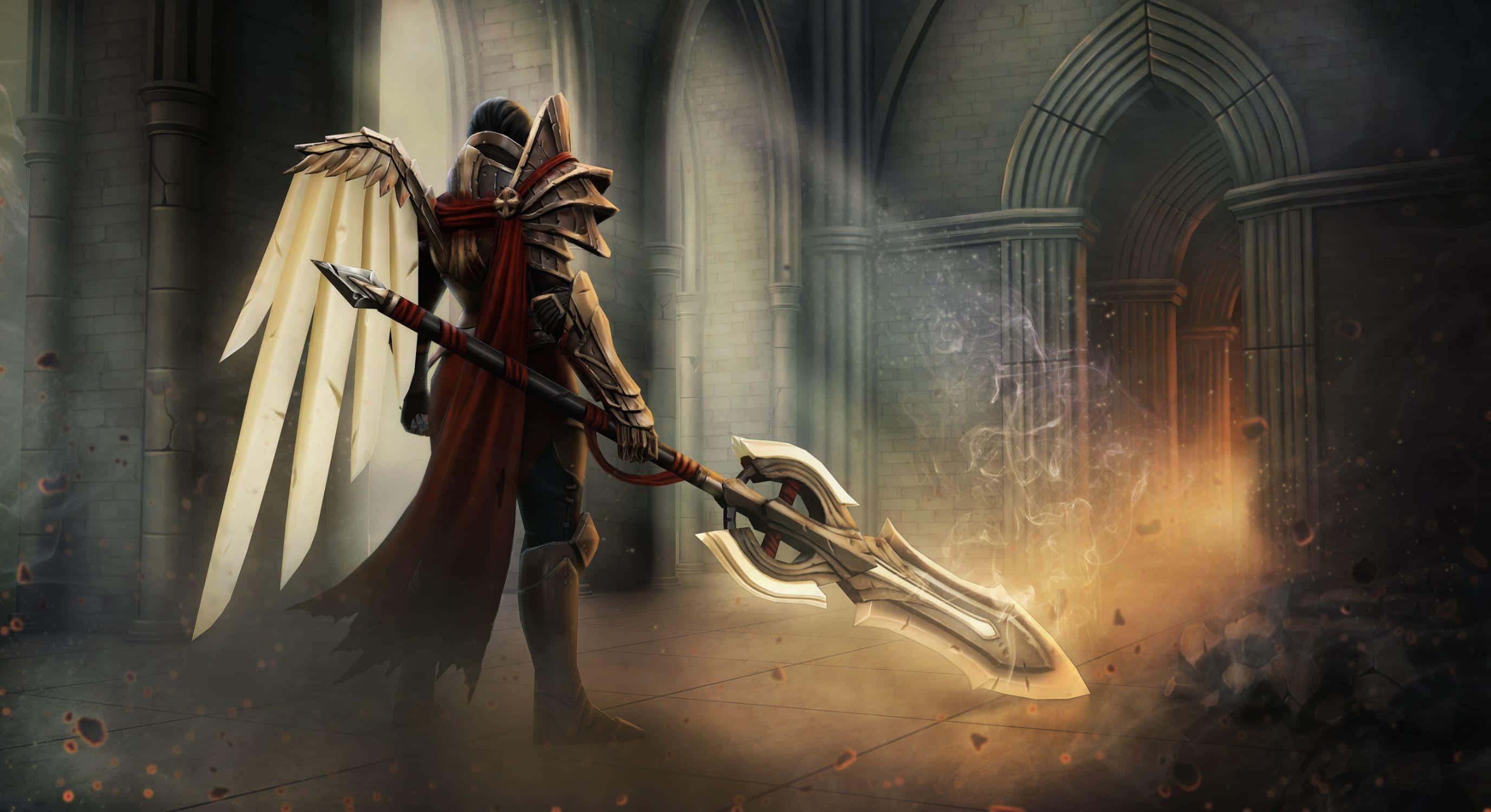 Legion Commander 桌布 壁紙 — 一位身穿盔甲、長有翅膀的戰士站在哥德式大教堂中，手持一把發光的長矛，矛尖噴發出魔法能量。