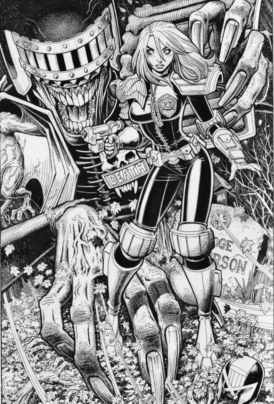 Black And White Comic 桌布 壁紙 — 一位身穿盔甲的兇猛女戰士在墓地場景中挑釁地站在一個標有「死亡」的怪物骷髏形象旁邊。