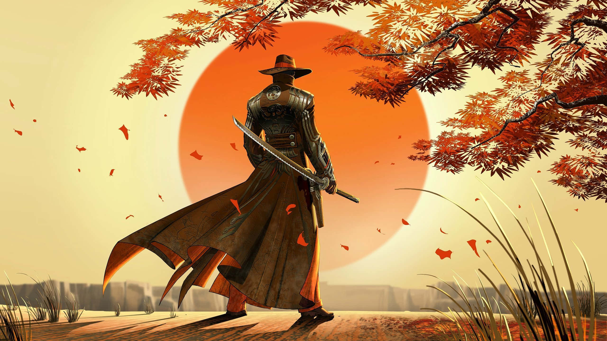 武士 桌布 壁紙 — 一位身穿盔甲的武士站在秋葉下，背景是巨大的橙色太陽。