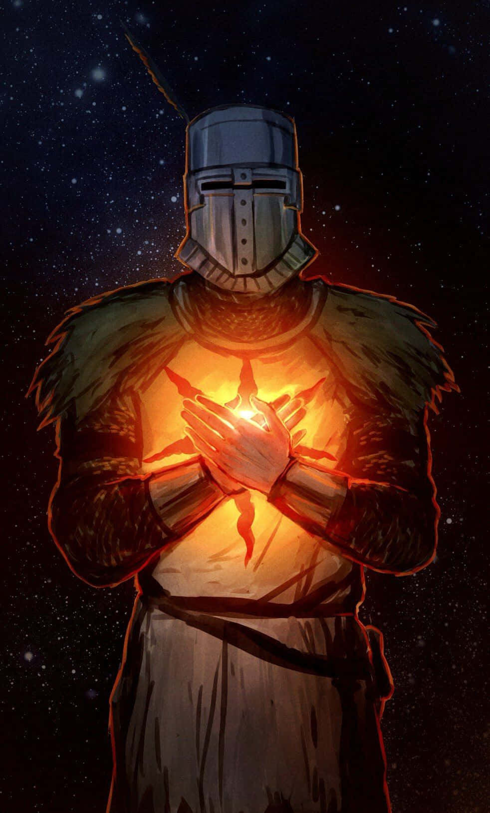 Solaire Of Astora 桌布 壁紙 — 一位身穿盔甲的騎士在繁星點點的夜空下手持一顆發光的愛心形光芒。