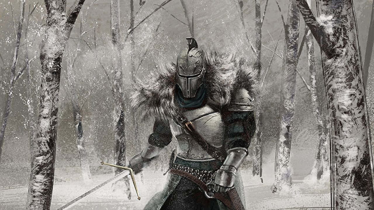 冬季森林中騎士手持劍在飄雪中