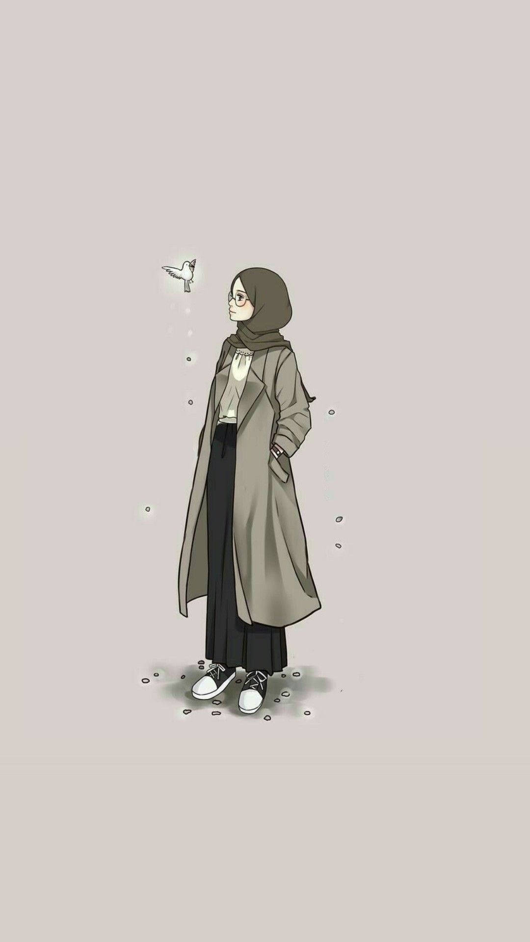 冬天 桌布 壁紙 — 一位身穿米色風衣和頭巾的年輕女性冷靜地站立，一隻白鳥在她頭旁飛翔，背景是柔和的灰色。