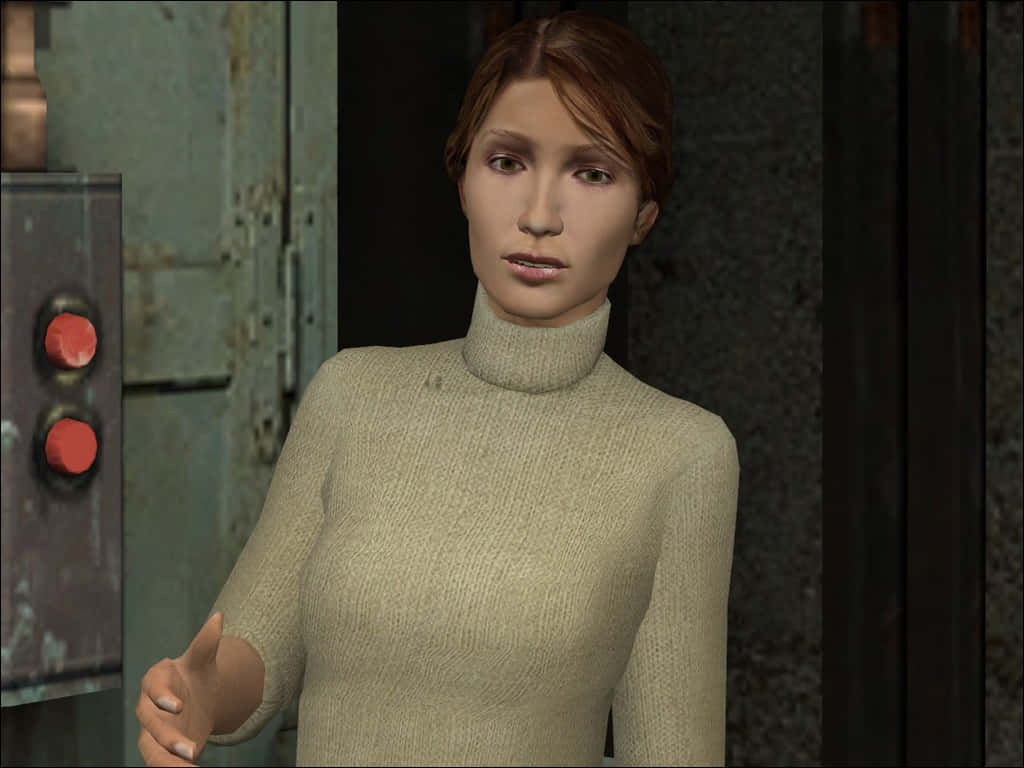 Half-life Characters 桌布 壁紙 — 一位身穿米色高領毛衣的女性站在昏暗的工業環境中，旁邊是一個帶有發光紅色按鈕的控制面板。