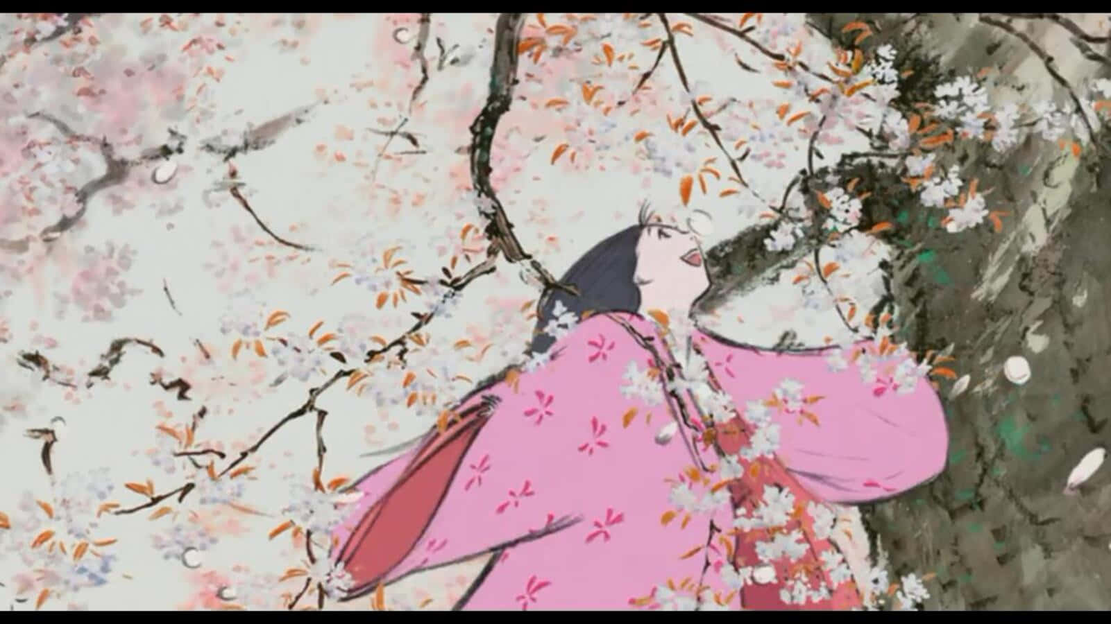 The Tale Of The Princess Kaguya 桌布 壁紙 — 一位身穿粉紅色和服的女士在柔和水彩風格下，於飄落的櫻花中微笑。