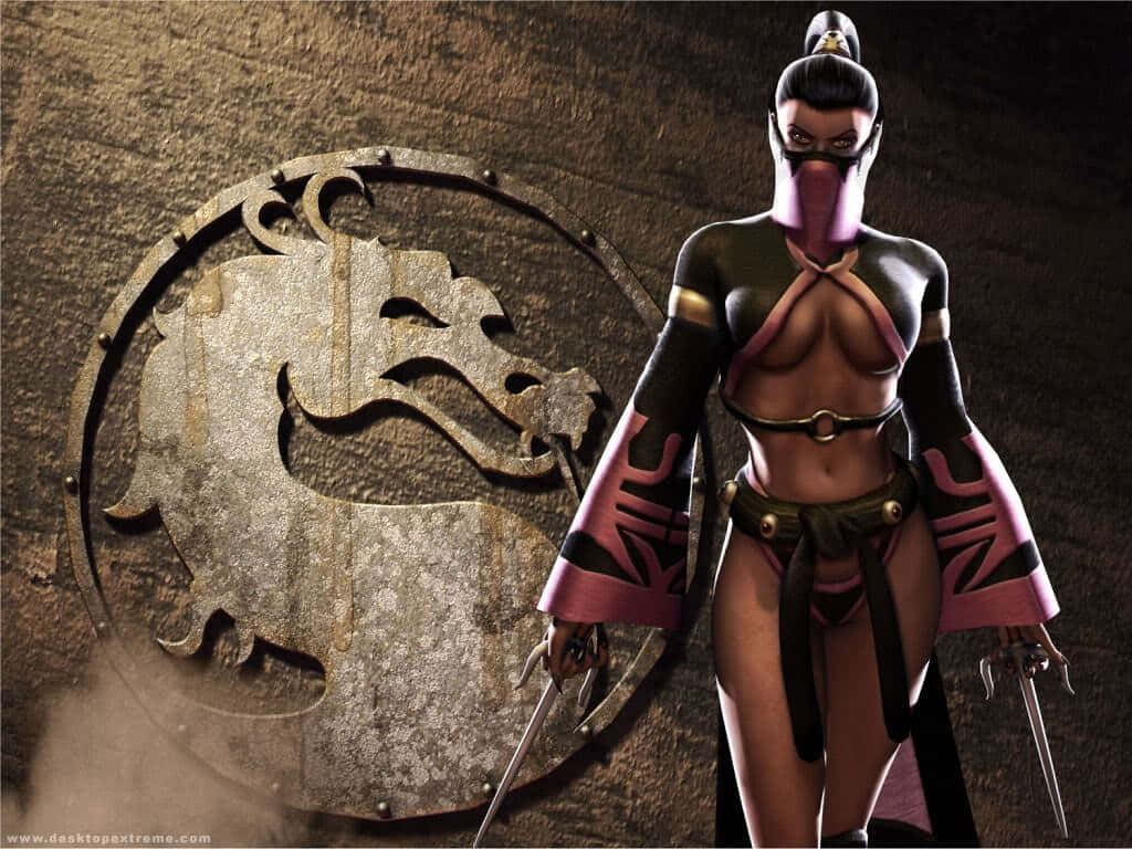 Mortal Kombat Mileena 桌布 壁紙 — 一位身穿粉紅色和黑色盔甲的女忍者戰士，手持雙刀，站在石上風化的龍徽前。