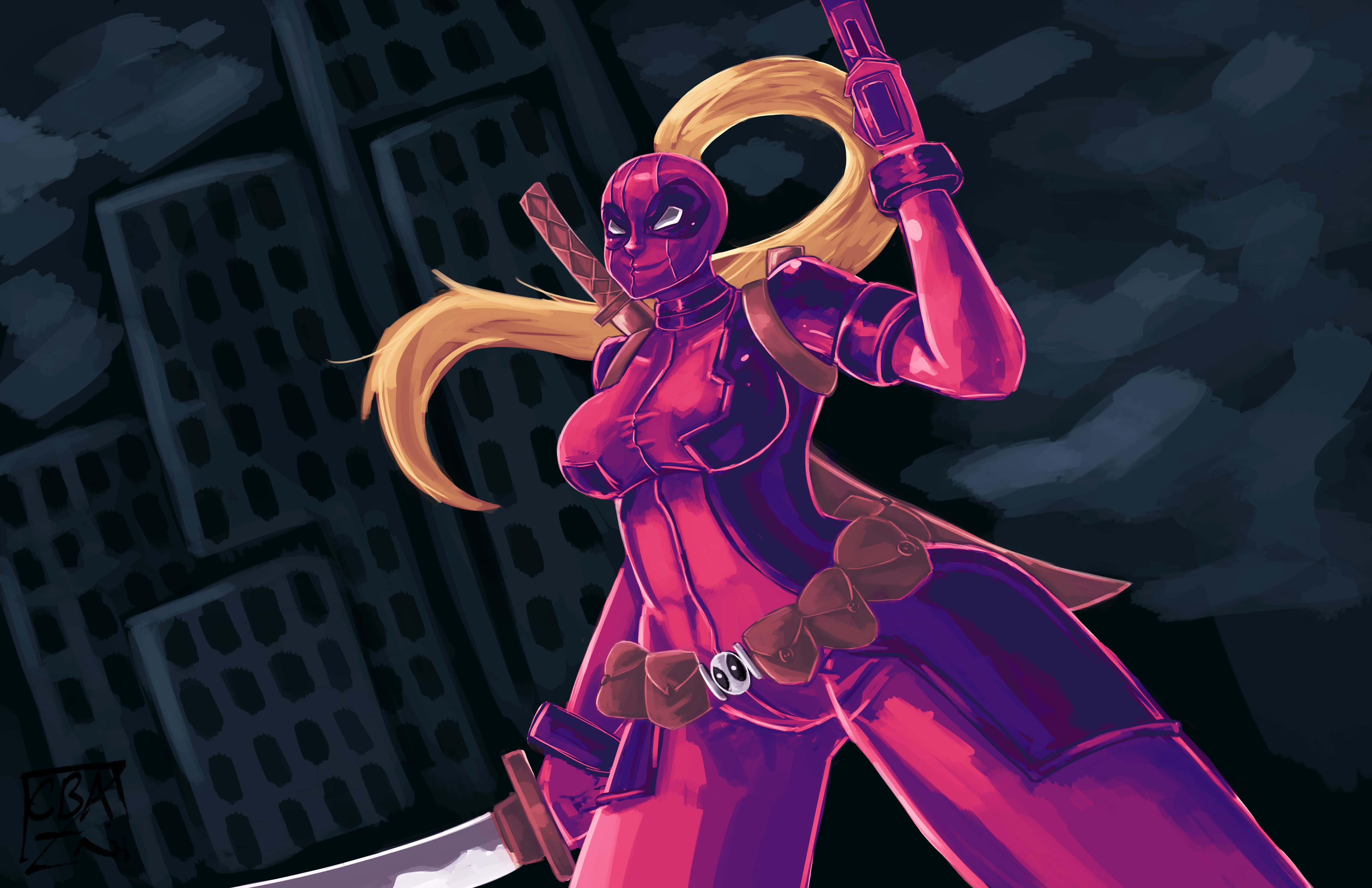 Deadpool And Lady Deadpool 桌布 壁紙 — 一位身穿粉紅色盔甲、長著金色長髮的女性戰士，在黑暗的城市景觀背景下揮舞著劍。