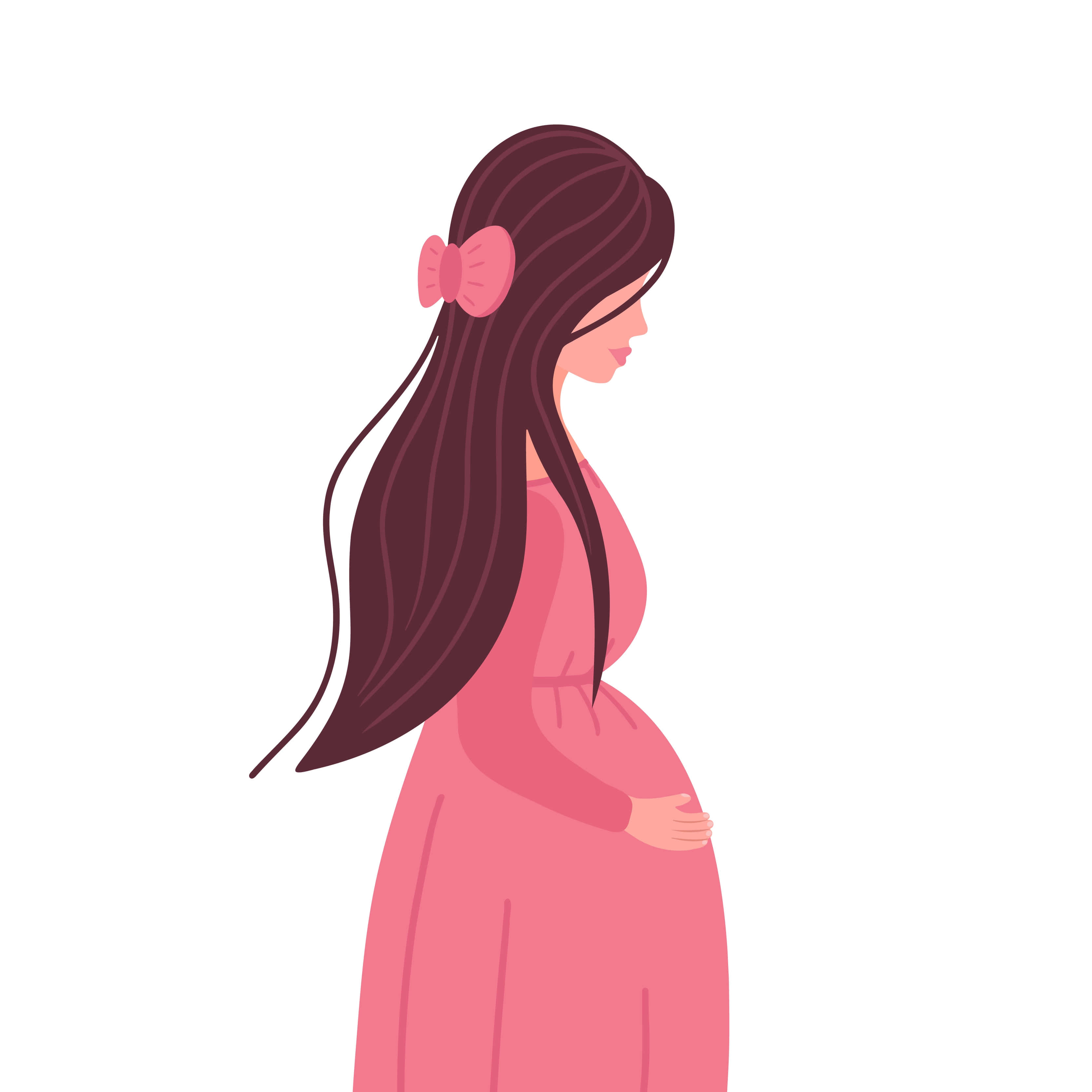 pregnancy 桌布 壁紙 — 一位身穿粉紅色連衣裙的寧靜孕婦，長長的深色頭髮上繫著粉紅色蝴蝶結，輕輕地捧著肚子。