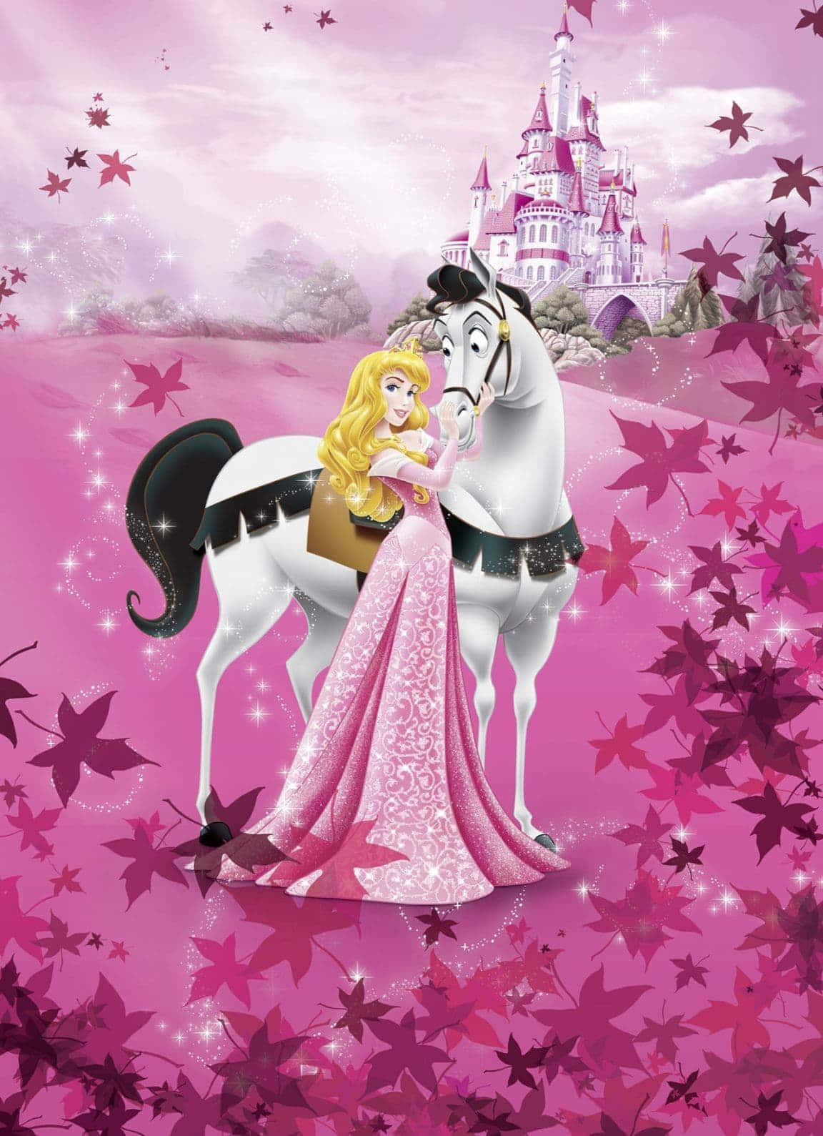 sleeping beauty 桌布 壁紙 — 一位身穿粉紅色長裙的公主站在一匹白馬旁邊，周圍有飄落的楓葉，背景是一座城堡。