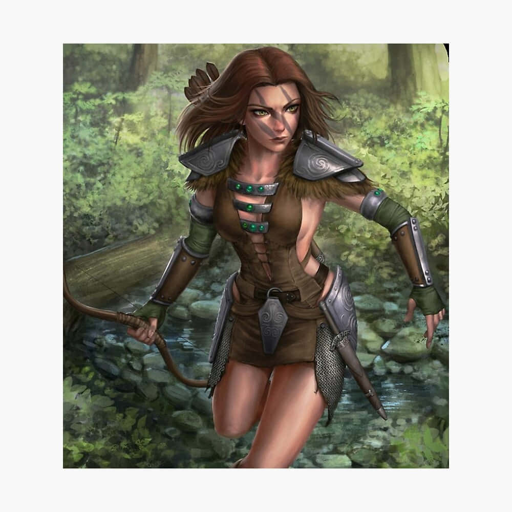 Aela The Huntress 桌布 壁紙 — 一位身穿精細盔甲的兇猛女弓箭手，帶著專注的決心，走過陽光普照的森林溪流。