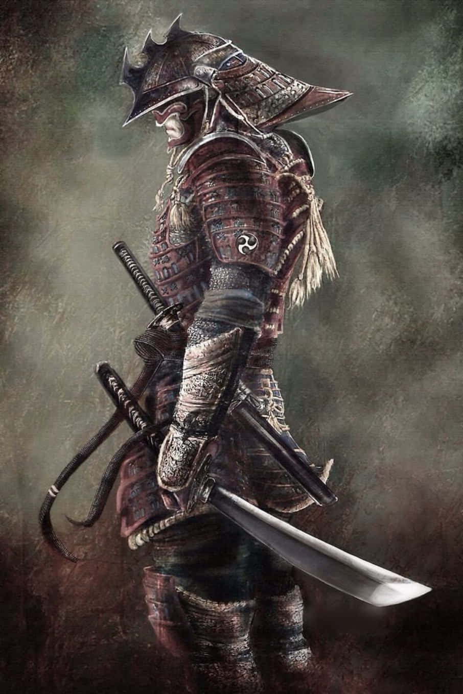 戰士 桌布 壁紙 — 一位身穿精細盔甲的武士戰士側面站立，手持武士刀，背景為柔和的灰色。