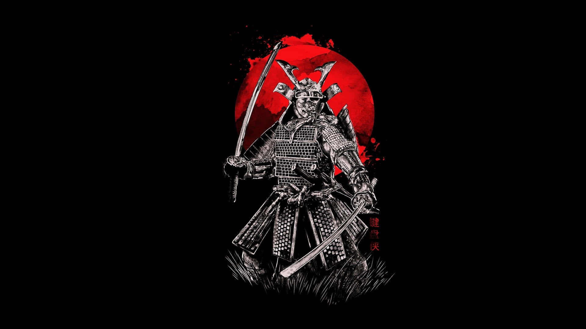 Samurai X 桌布 壁紙 — 一位身穿精細盔甲的武士戰士站在黑色背景前的血紅色月亮前。