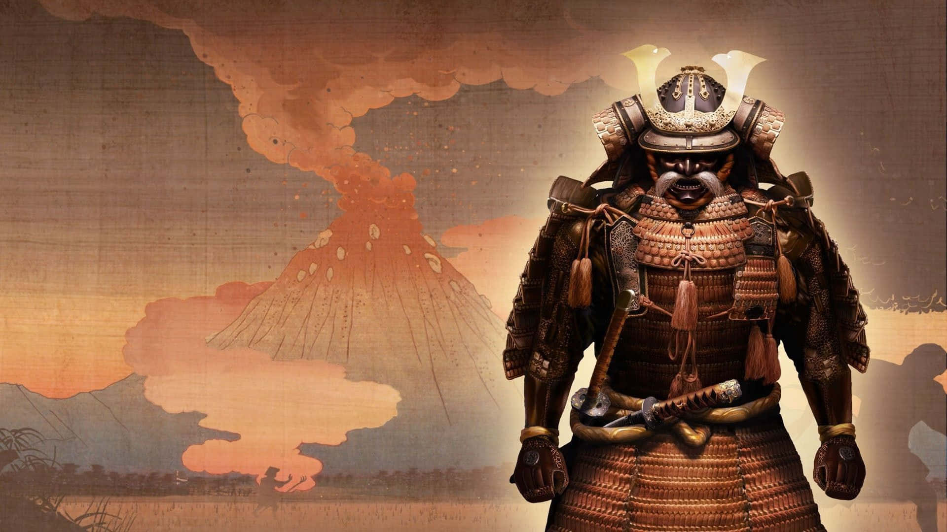 Shogun 桌布 壁紙 — 一位身穿精細盔甲的武士站在冒煙的火山前，背景是溫暖的日落天空。