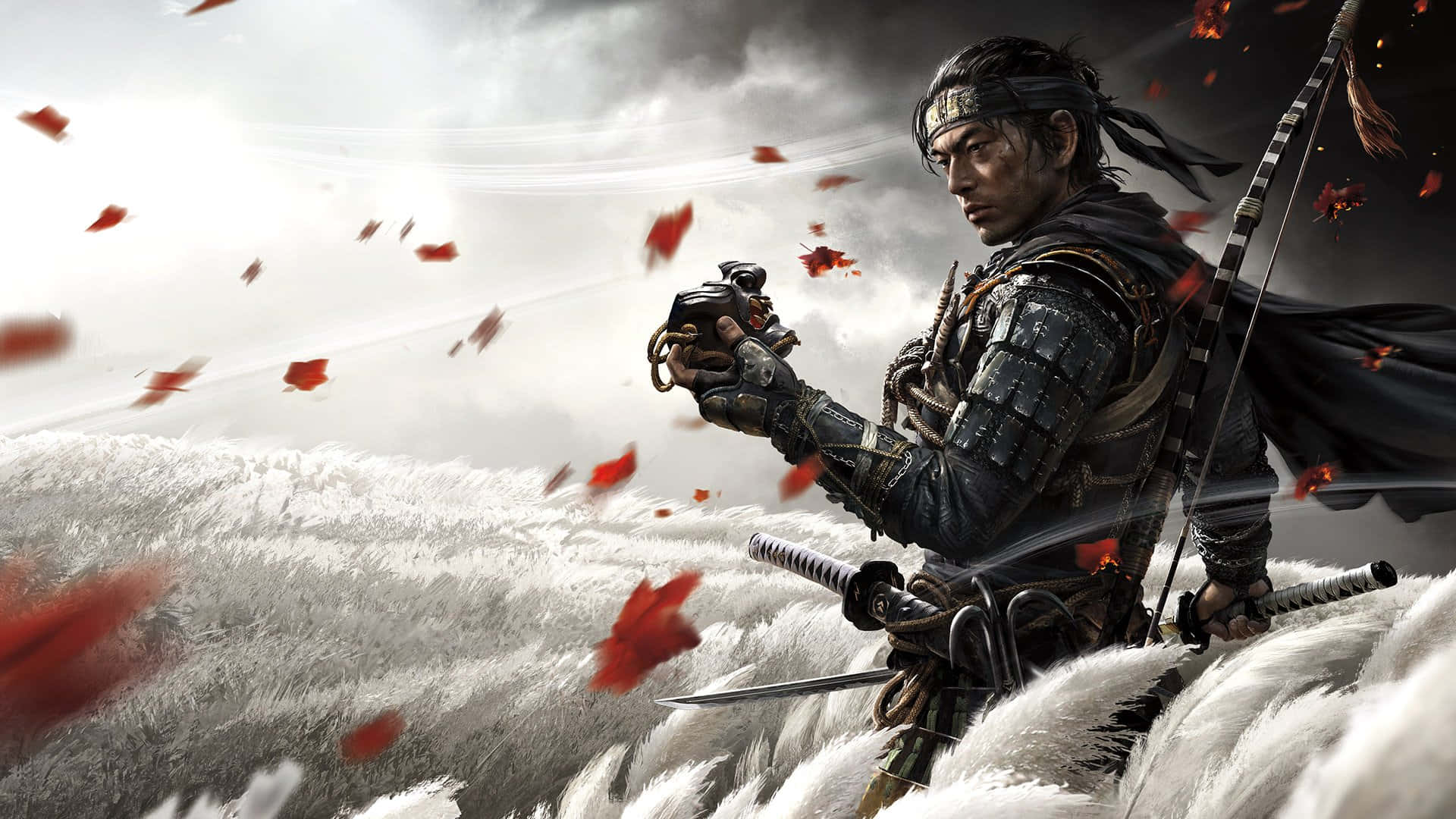 對馬戰鬼 桌布 壁紙 — 一位身穿精細盔甲的武士站在雪峰上，手持斬下的頭顱，紅色的楓葉在風中旋轉飄落。