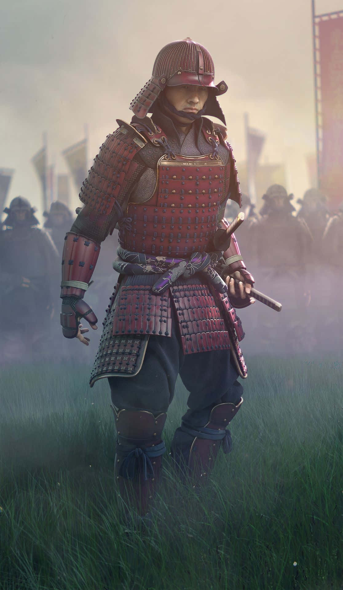 Samurai Armor 桌布 壁紙 — 一位身穿精細紅黑盔甲的武士戰士，莊嚴地站在高草叢中，身後是迷霧籠罩的戰場。