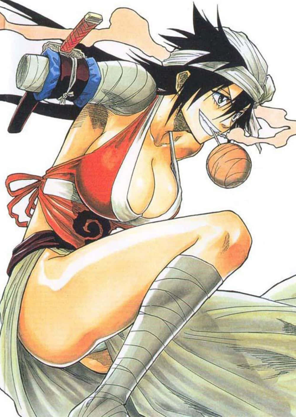 Kukaku Shiba 桌布 壁紙 — 一位身穿紅白服裝的動感動漫女戰士蹲下，背上背著劍，嘴裡含著球。
