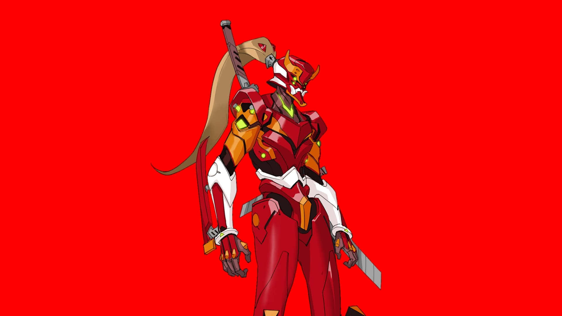 Eva-02 桌布 壁紙 — 一位身穿紅白盔甲、留著長馬尾的動漫戰士自信地站在純紅色背景前。