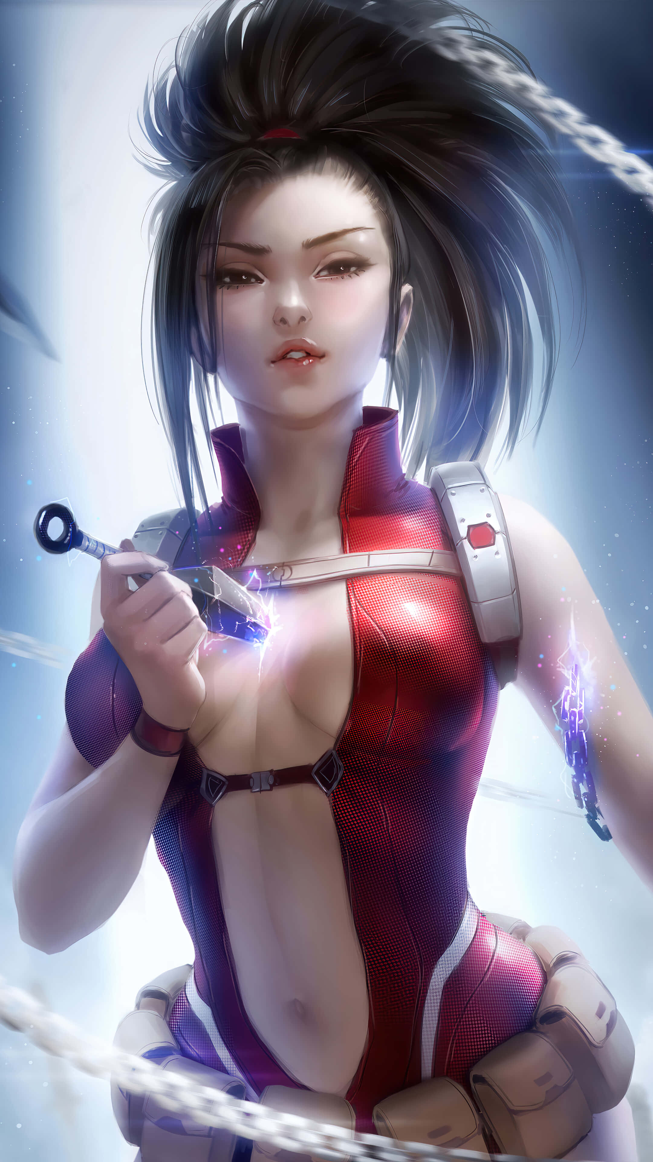 Momo Yaoyorozu 桌布 壁紙 — 一位身穿紅紫鎧甲的兇猛動漫女戰士，在明亮的藍色背景前揮舞著發光的鑰匙。