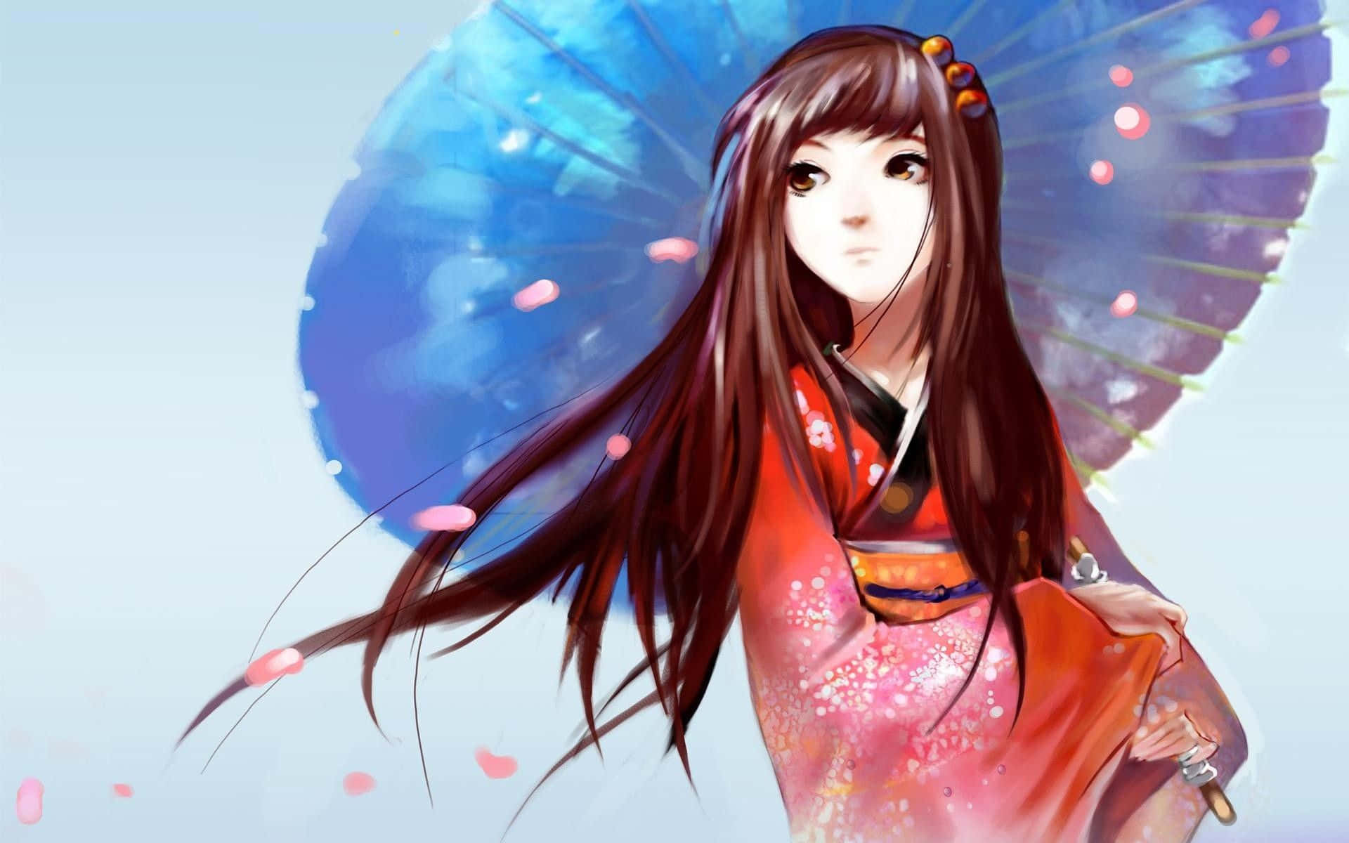 Japanese Culture 桌布 壁紙 — 一位身穿紅色和服的寧靜動漫女孩，在櫻花飄落時撐著藍色陽傘。