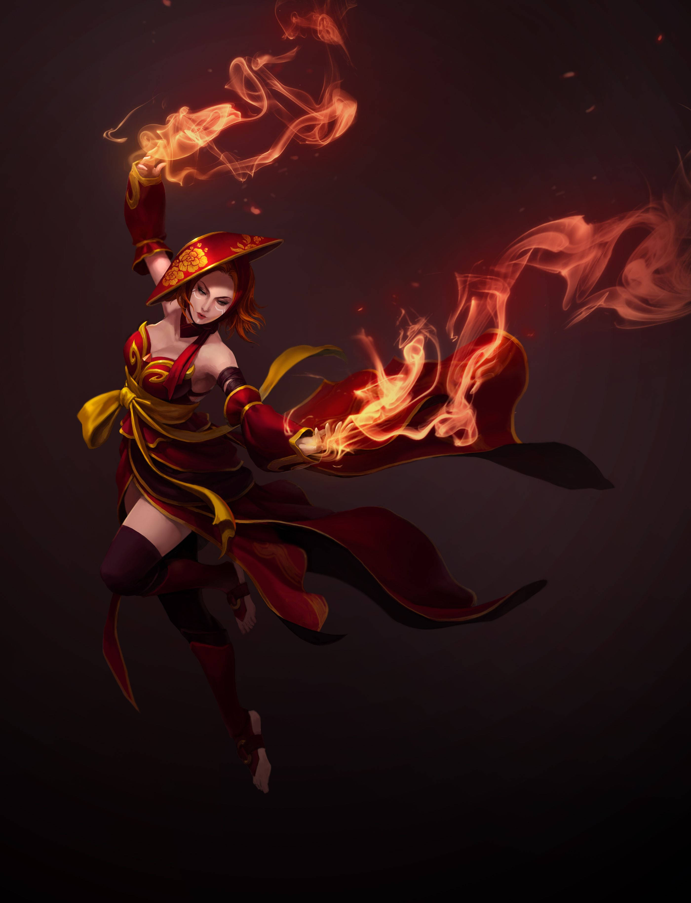 遊戲 桌布 壁紙 — 一位身穿紅色和金色長袍的熾熱動漫戰士，在黑暗背景下以動態動作引導熾熱能量。