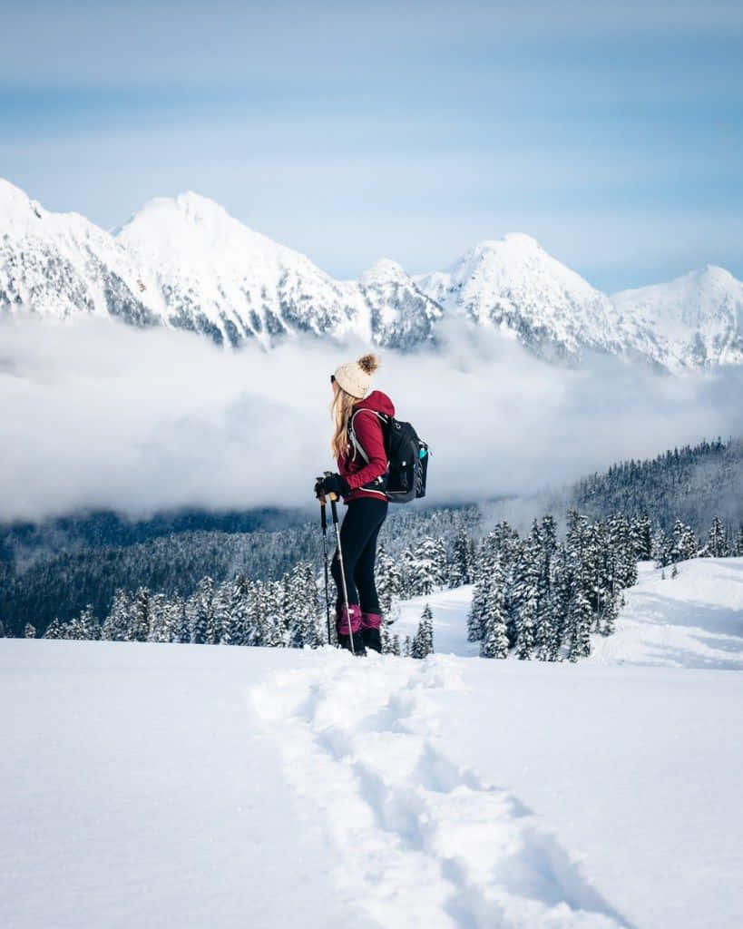Winter Hiking 桌布 壁紙 — 一位身穿紅色外套和冷帽的孤獨遠足者，站在白雪覆蓋的山脊頂峰，俯瞰迷霧籠罩的山峰和常綠森林，天空湛藍清澈。