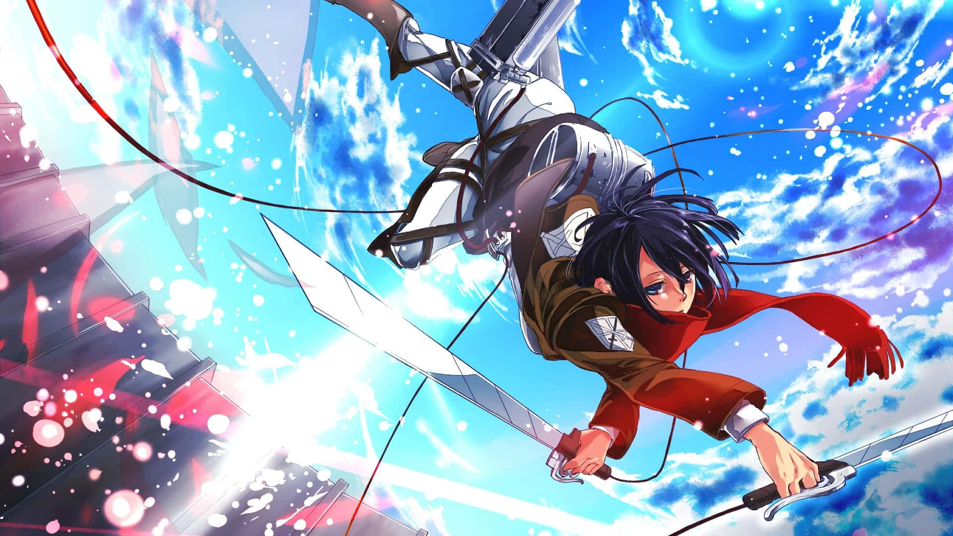 Attack On Titan Video Game 桌布 壁紙 — 一位身穿紅色外套和白色裝備的動漫戰士，在充滿動態運動線條和閃爍粒子的鮮豔藍空中揮舞雙劍。