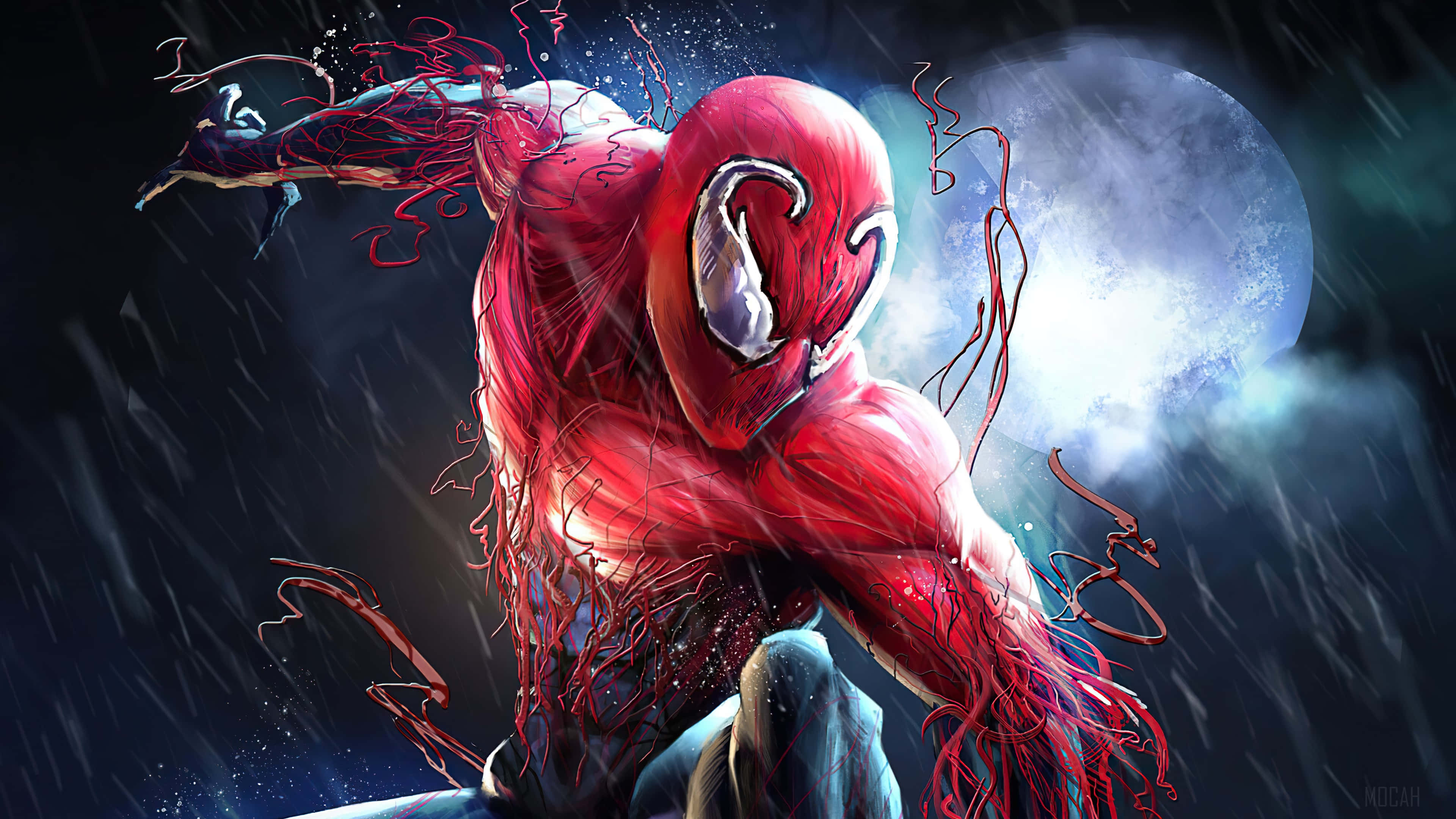Symbiote 桌布 壁紙 — 一位身穿紅色戰衣的共生體超級英雄在發光的月亮下於暴風雨中戰鬥，觸手在他周圍盤旋。